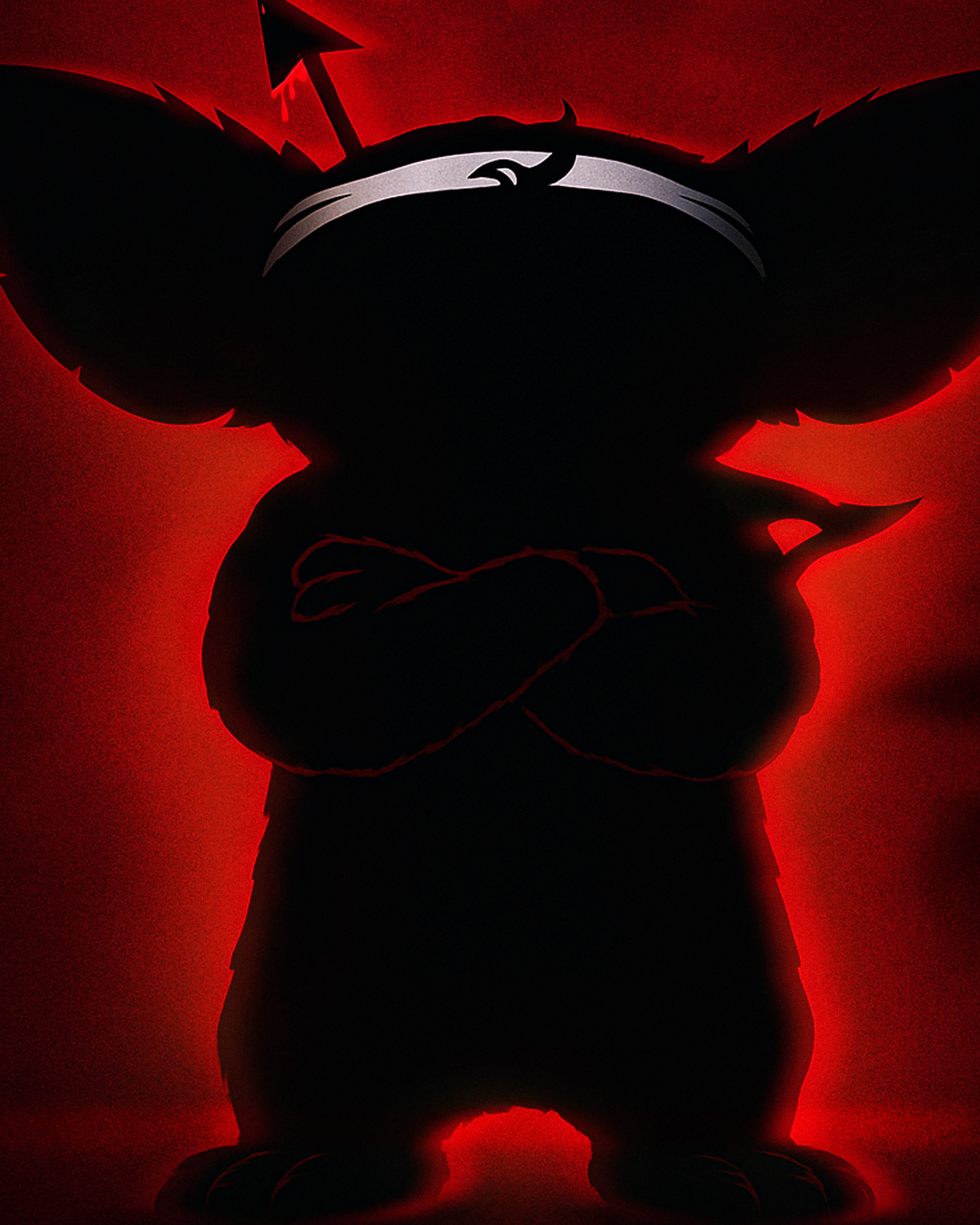 Key art close-up - iconic silhouette, crossed arms, and the devil-tail arrow cue. Minimal shapes, maximum attitude.