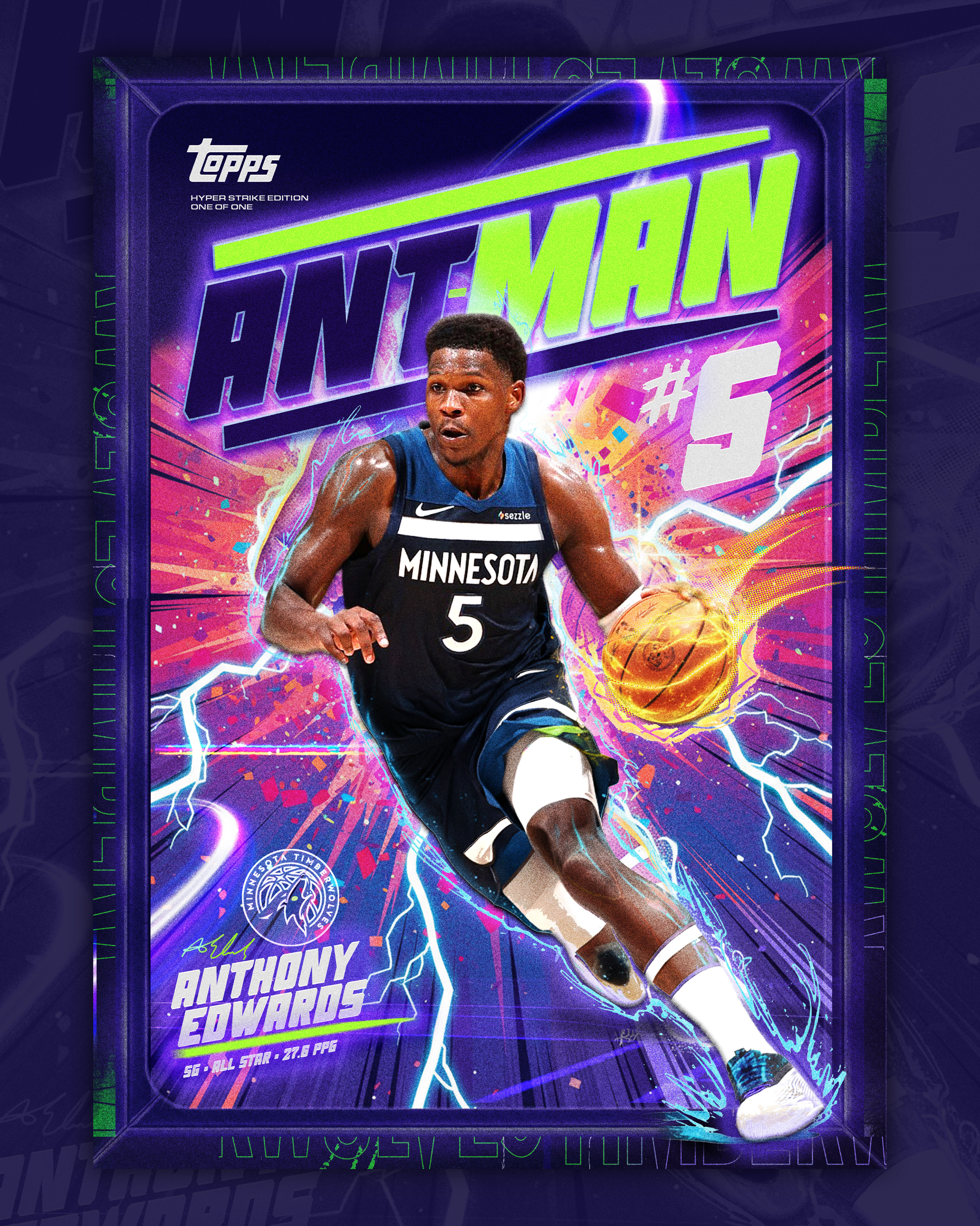 Primary trading card artwork featuring Anthony Edwards with neon energy effects, dynamic typography, and motion-driven composition.