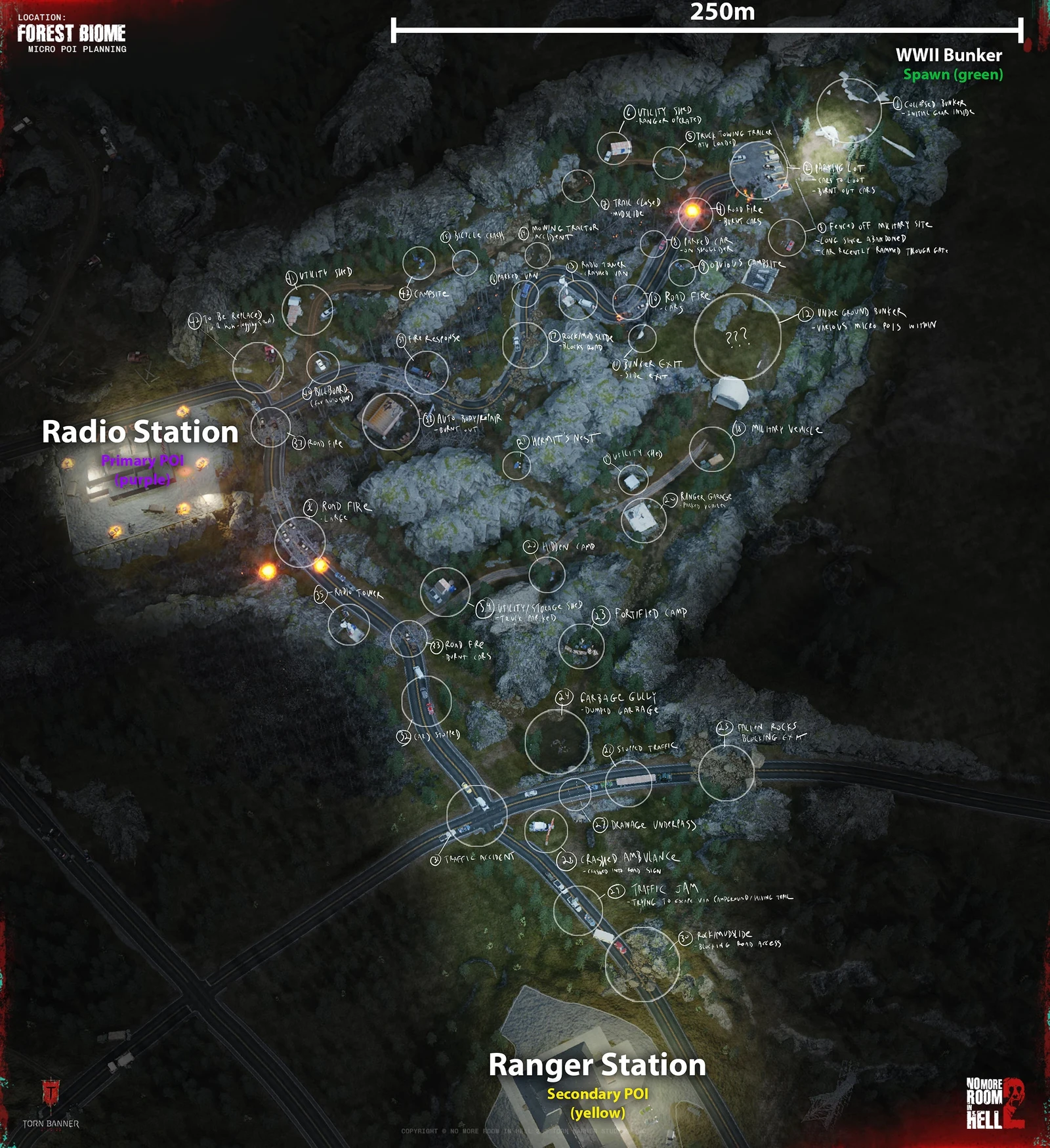 Early forest biome planning map proposing POI density, traversal routes, and gameplay considerations, used to align with level design during planning discussions.