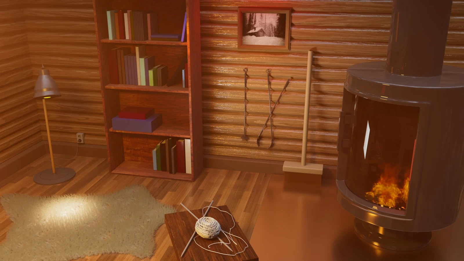 Bookshelf, oven, picture on the wall, lamp, sheep fur
