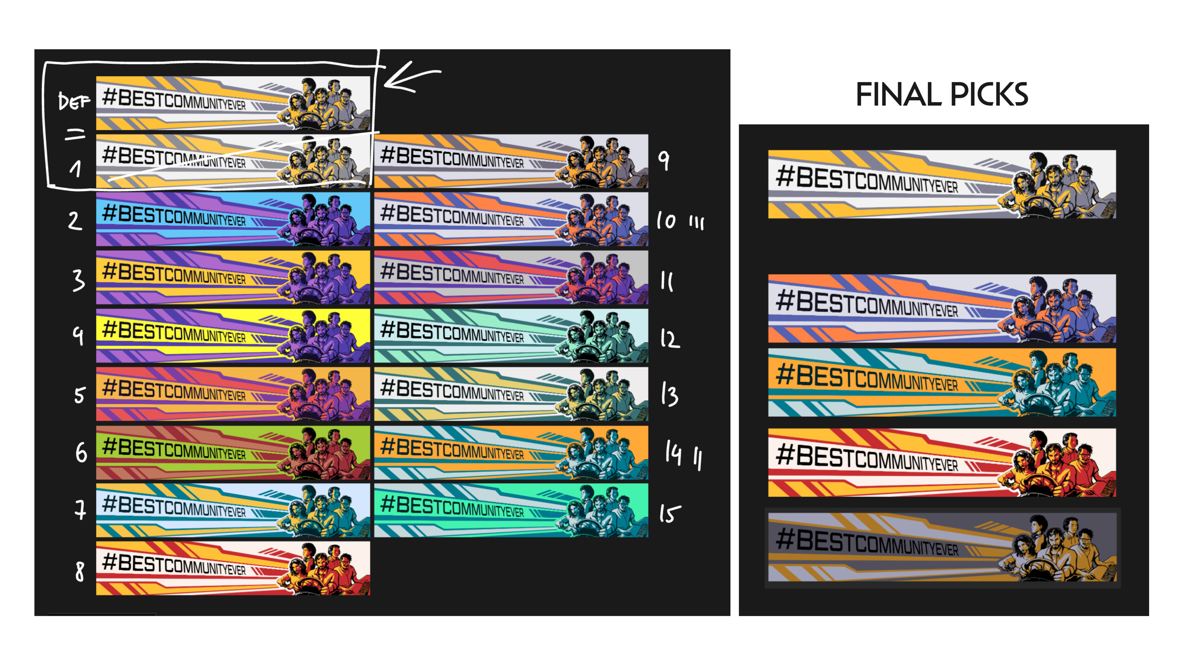 Different design suggestions. Due to technical limitations, I was limited to using 4 colors only in each design. This created an interesting challenge.