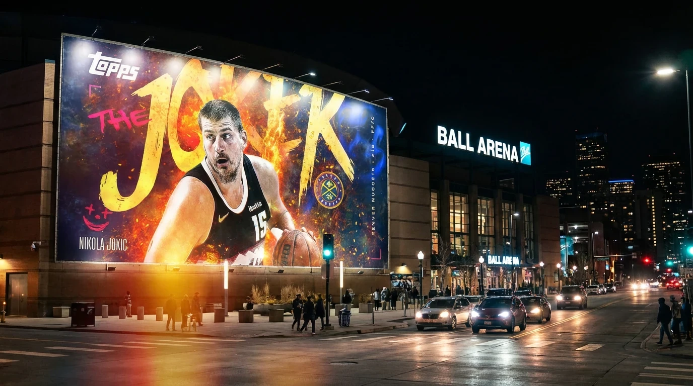 Large-scale environmental visualization showcasing how the card artwork adapts to outdoor and promotional spaces, reinforcing its impact beyond the collectible format.