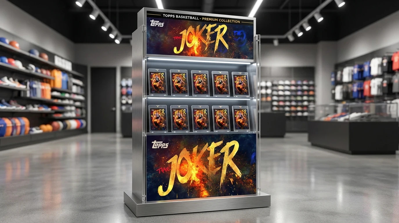 In-store retail display concept demonstrating how the trading card series could live within a physical retail environment.