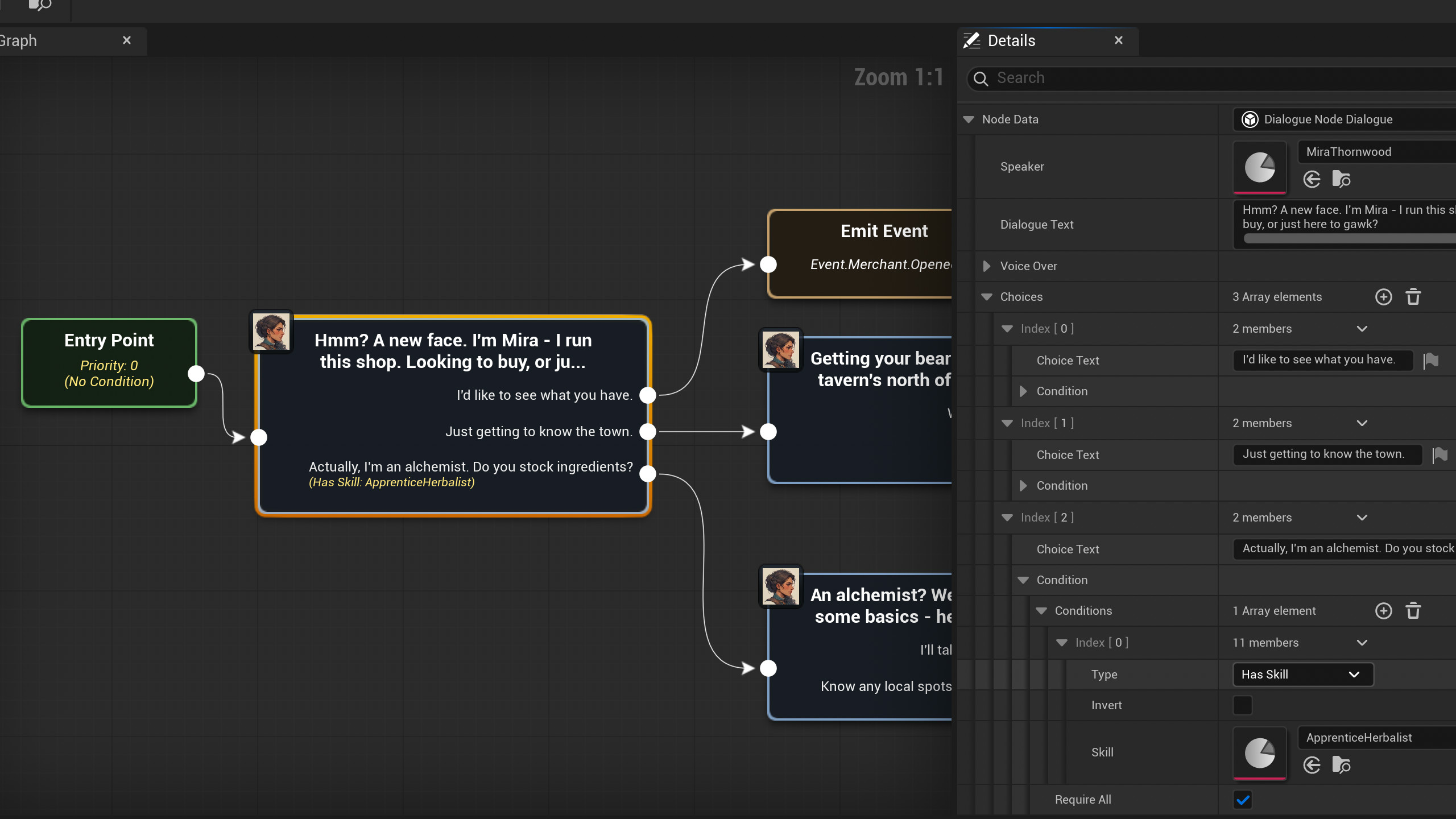 Details panel view of a dialogue node with speaker portrait in the top-left corner. Any number of choices can be added, with certain choices only displaying if specific conditions have been met. Sound files can be assigned for automatic VO playback.