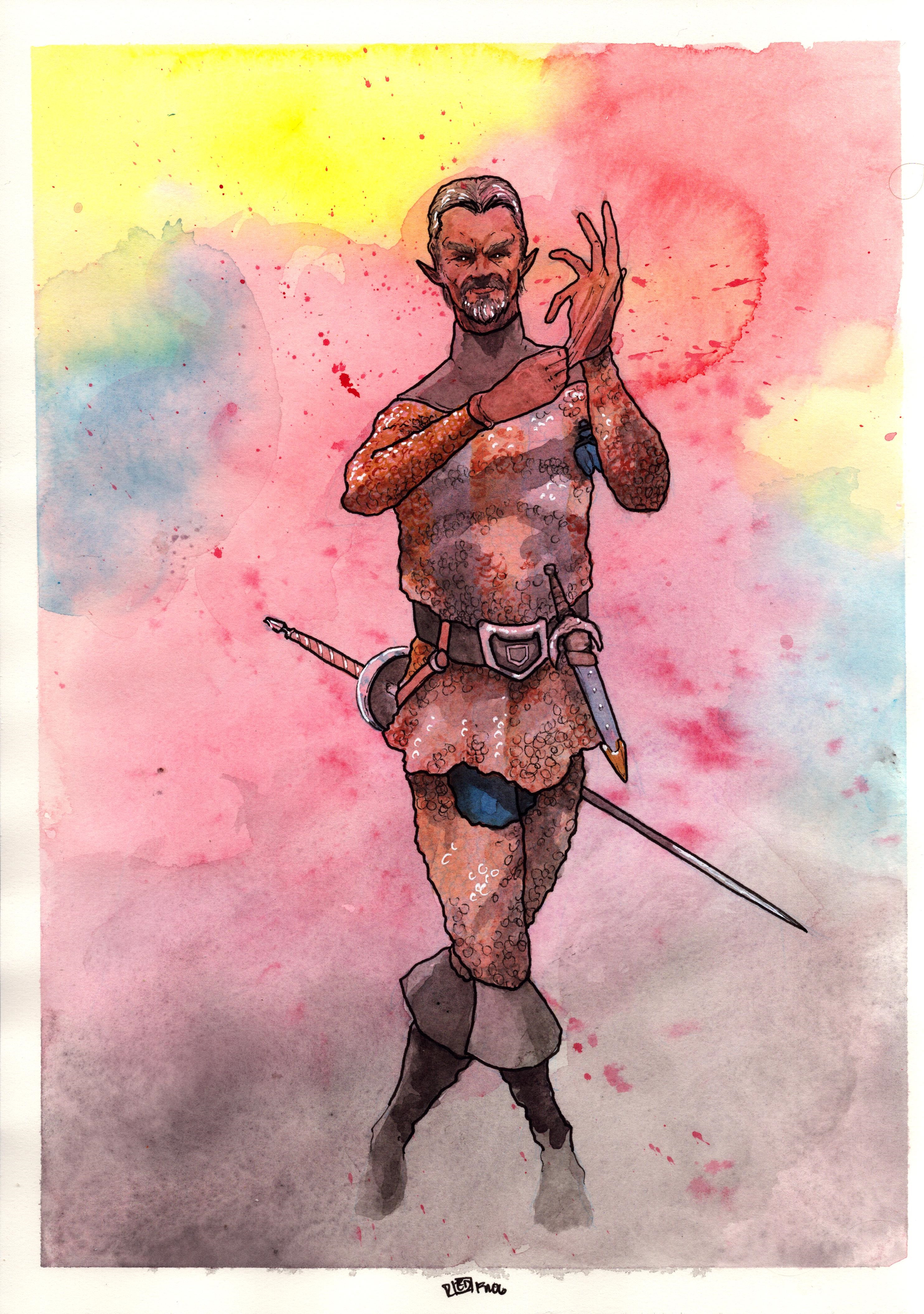 Watercolor and ink on paper. 