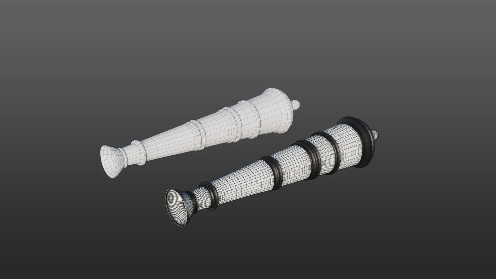 High-polygon and Low-polygon models of cannons in the ship.