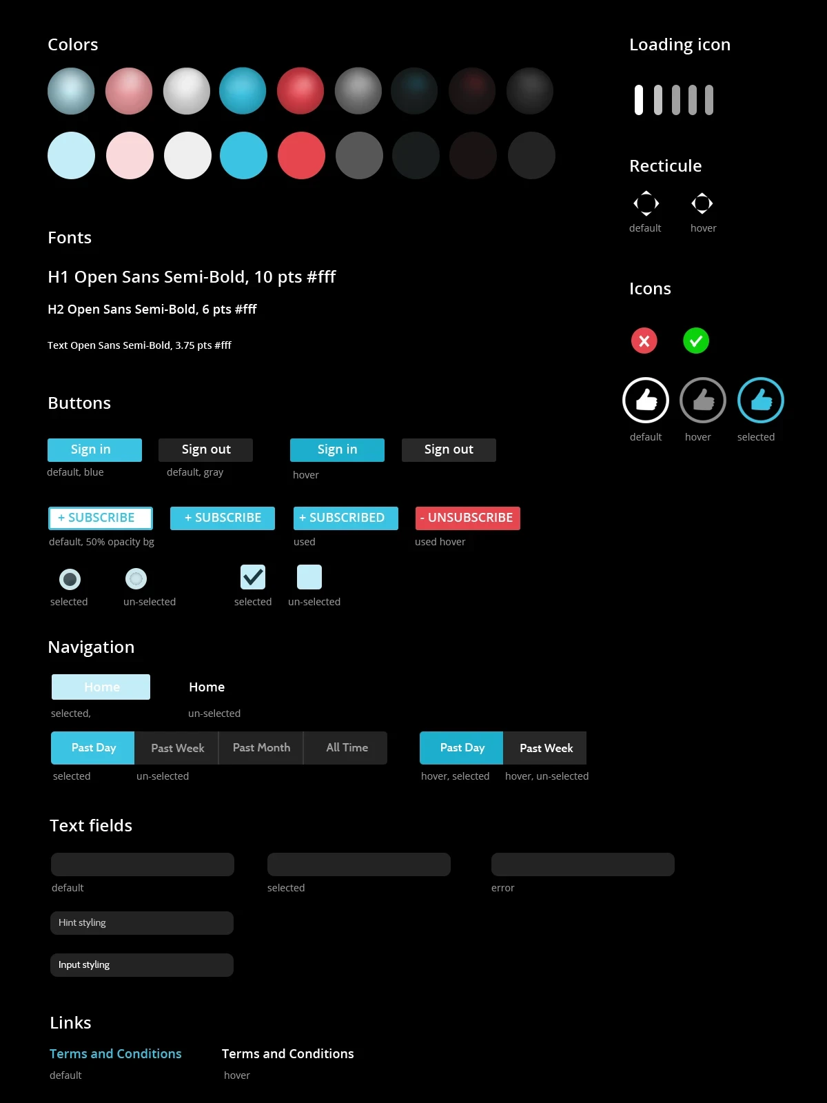 Style guide showing the material colors and icon styling used across the app.