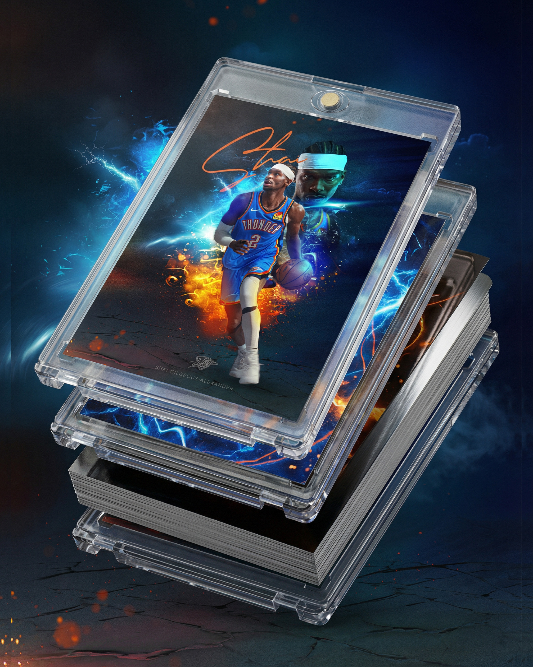 Stacked trading card mockup highlighting thickness, finish, and print presence.
Designed to evoke limited-edition collectible packaging