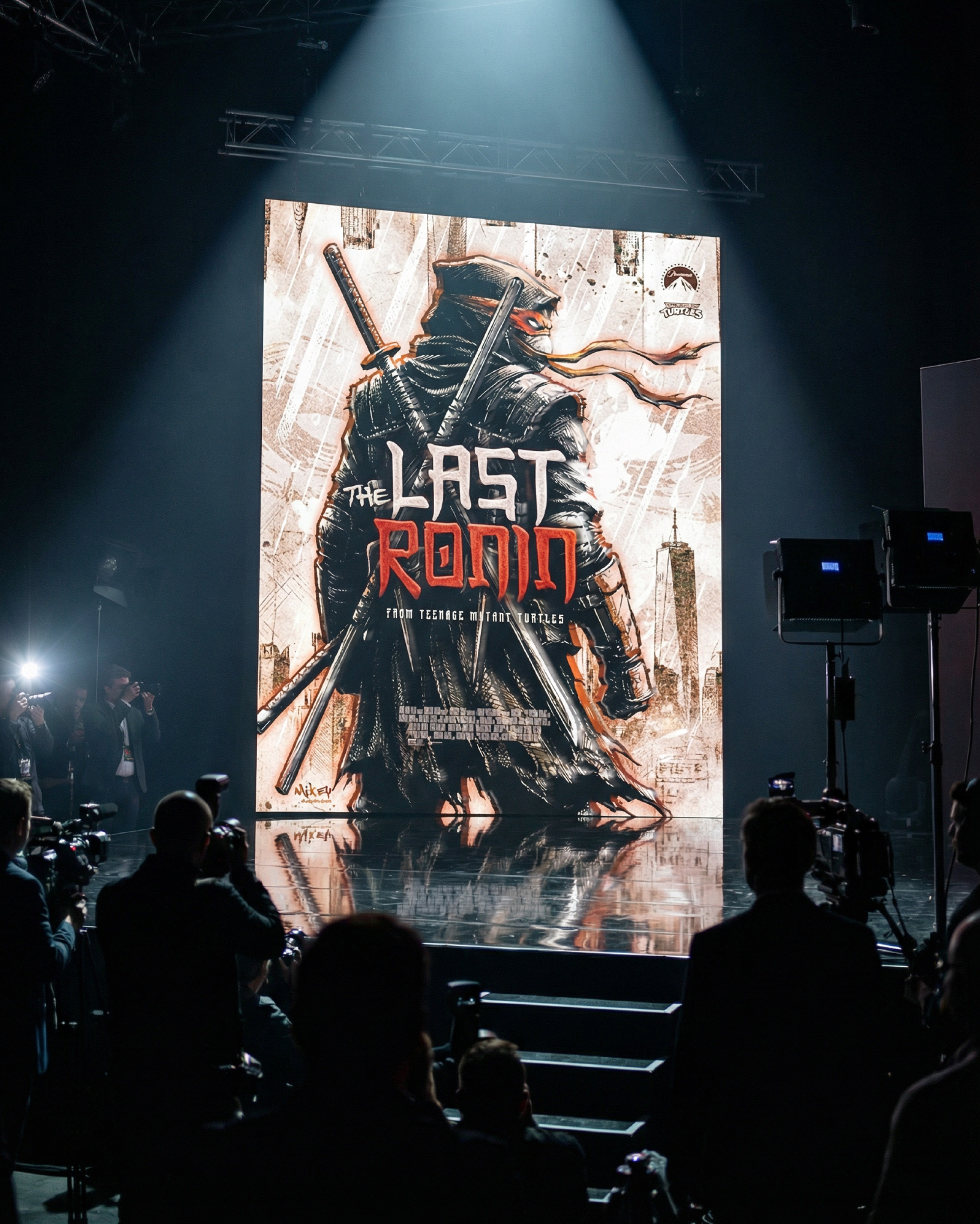 Large-format stage application designed for press events, premieres, or announcement reveals. The composition holds visual power at distance while maintaining brand clarity