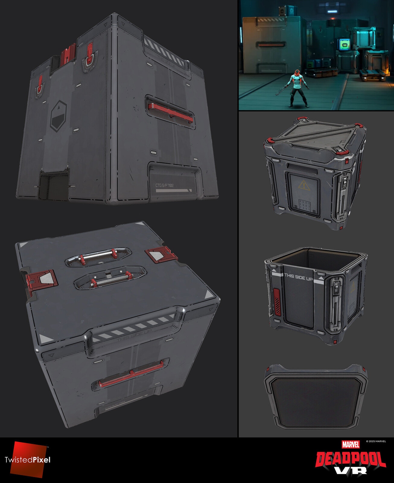 I was tasked with creating several crates for this level. Here are my two favorites in unlit view mode, plus an in-game shot of them in a crate-heavy corner of the ship.