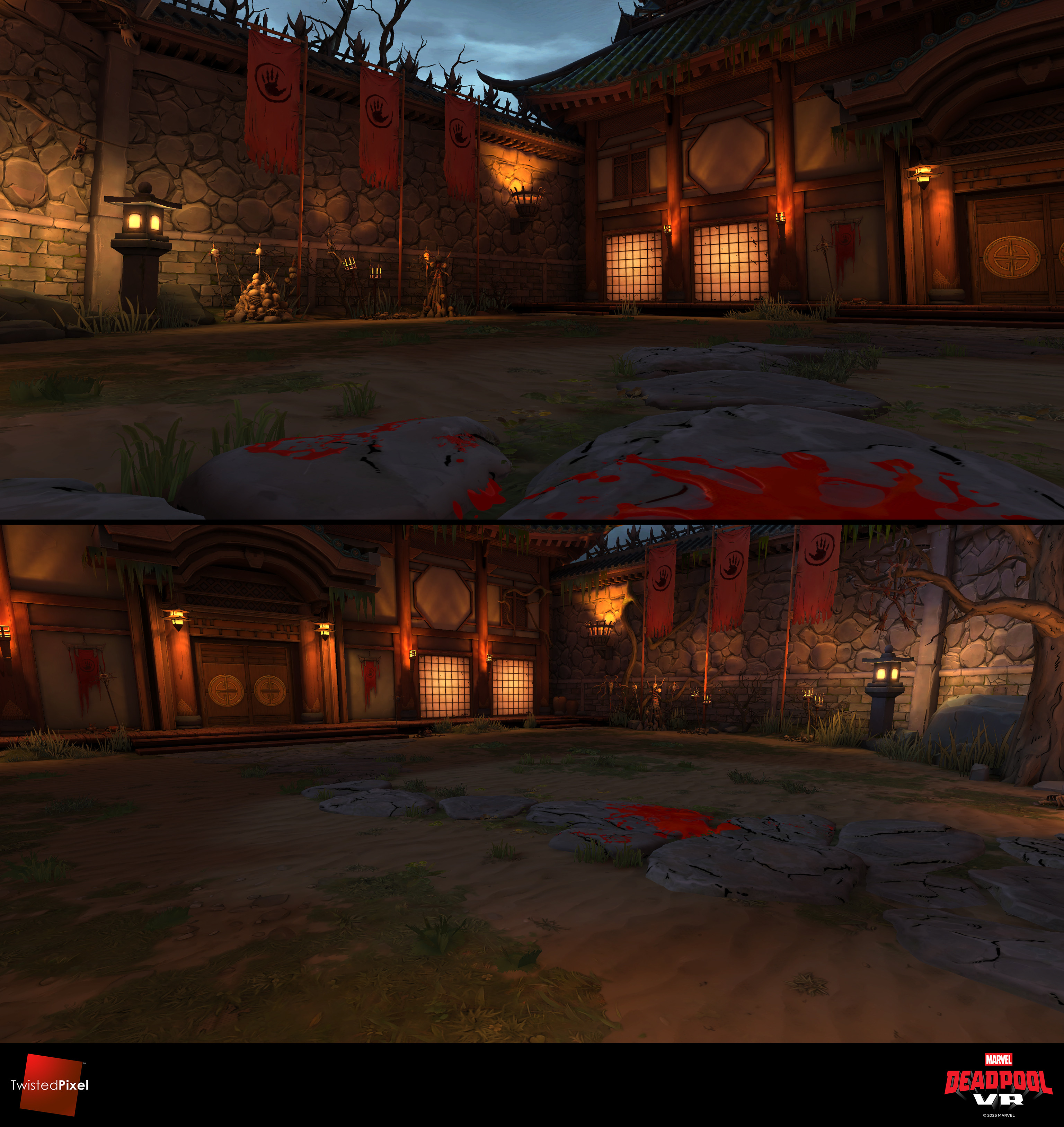 I made the ground, flagstones, blood, and foliage for this area. I believe the lower stone wall texture was also mine.
