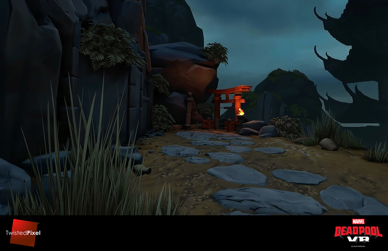 Flagstones, foliage placement, and distant terrain