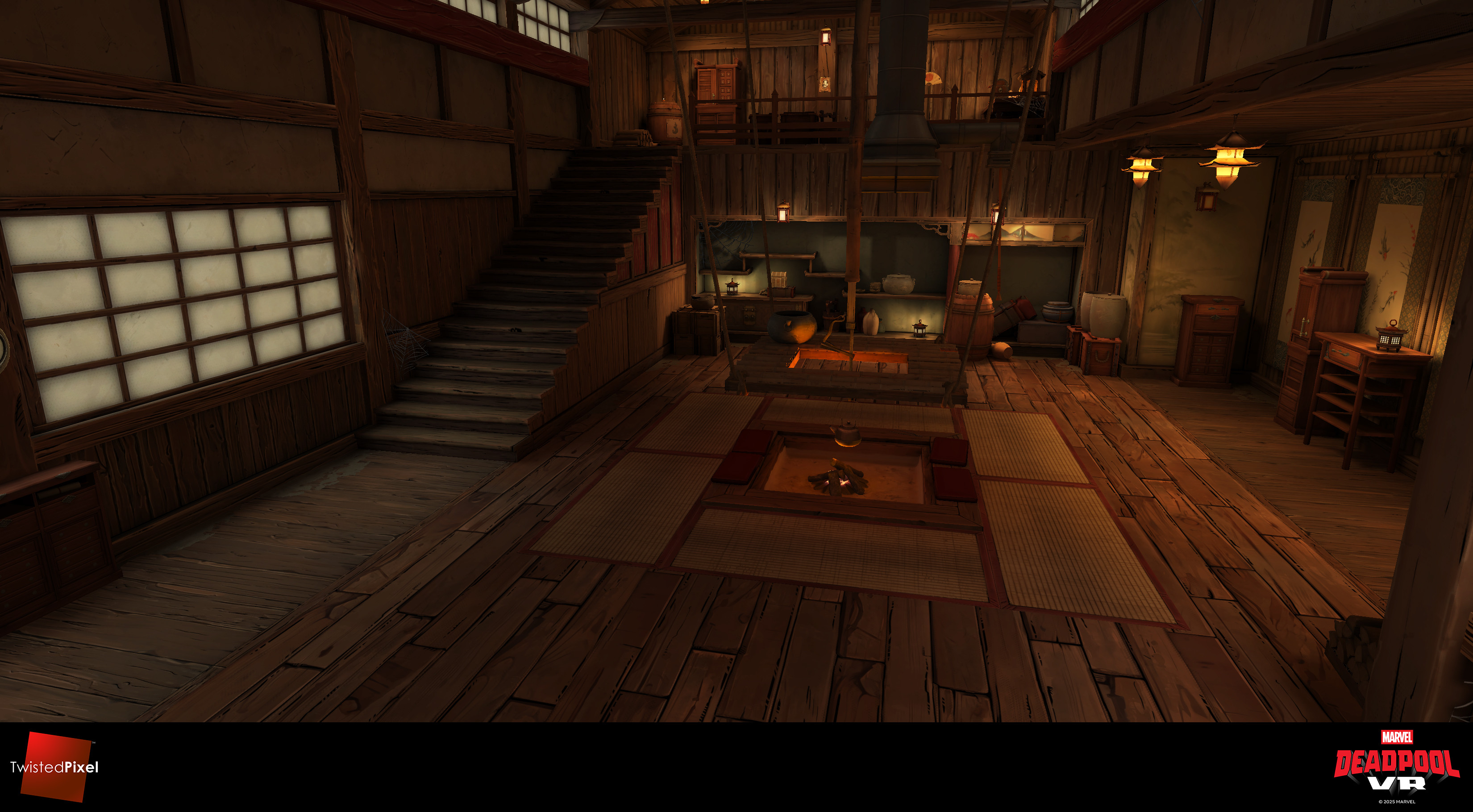 I was responsible for this modular samurai interior set, which was used in multiple locations across the level. I did not make the pots, baskets, crates, or lanterns.