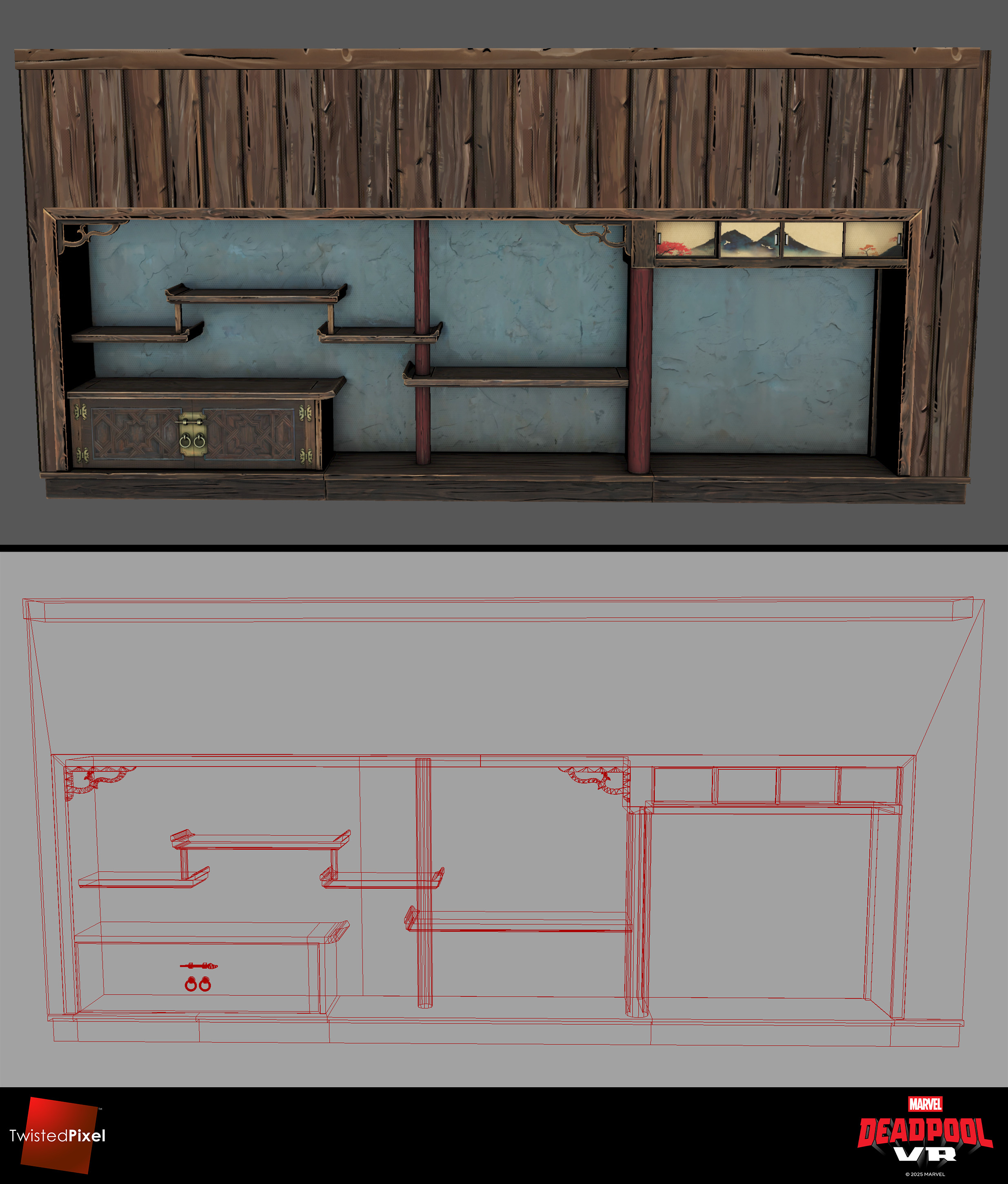 The storage and shelving wall as seen in Maya, and the wireframe view of the same asset
