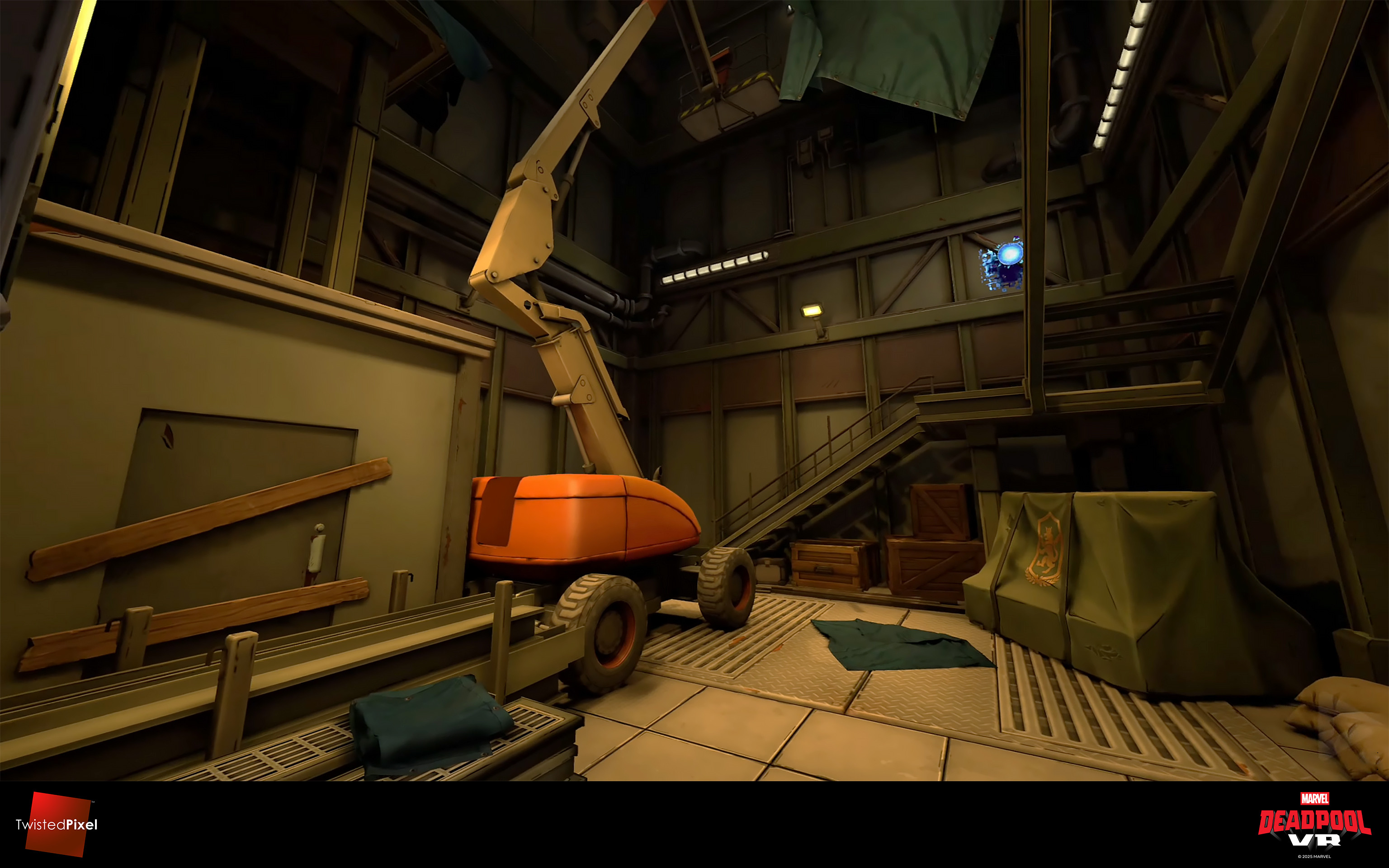 In this tower interior, I was responsible for the tarps, the boom lift, the stacked I-beams, and the stairs