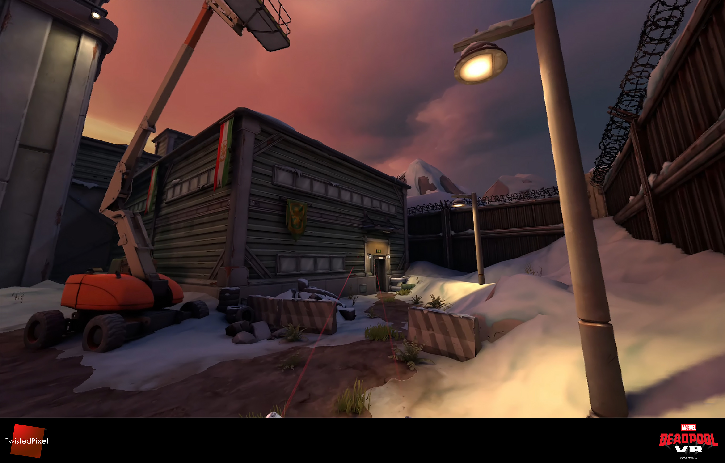 In addition to making the crane, I set-dressed and lit the area inside this compound to direct the player to the correct door