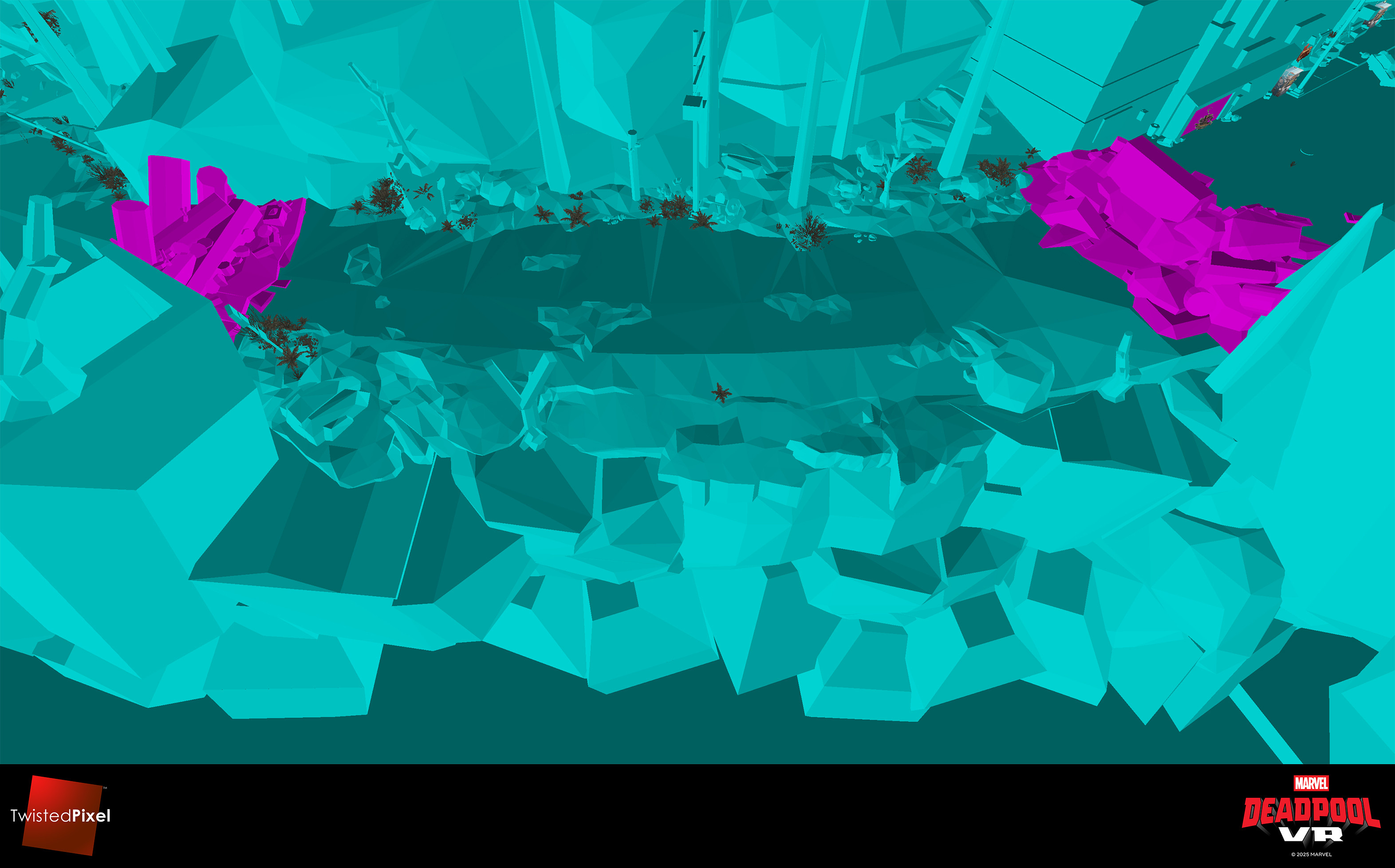 An example of my work on player path collision that took into account the particulars of vehicle-based traversal (Deadpool drives a tank through this part of the level)