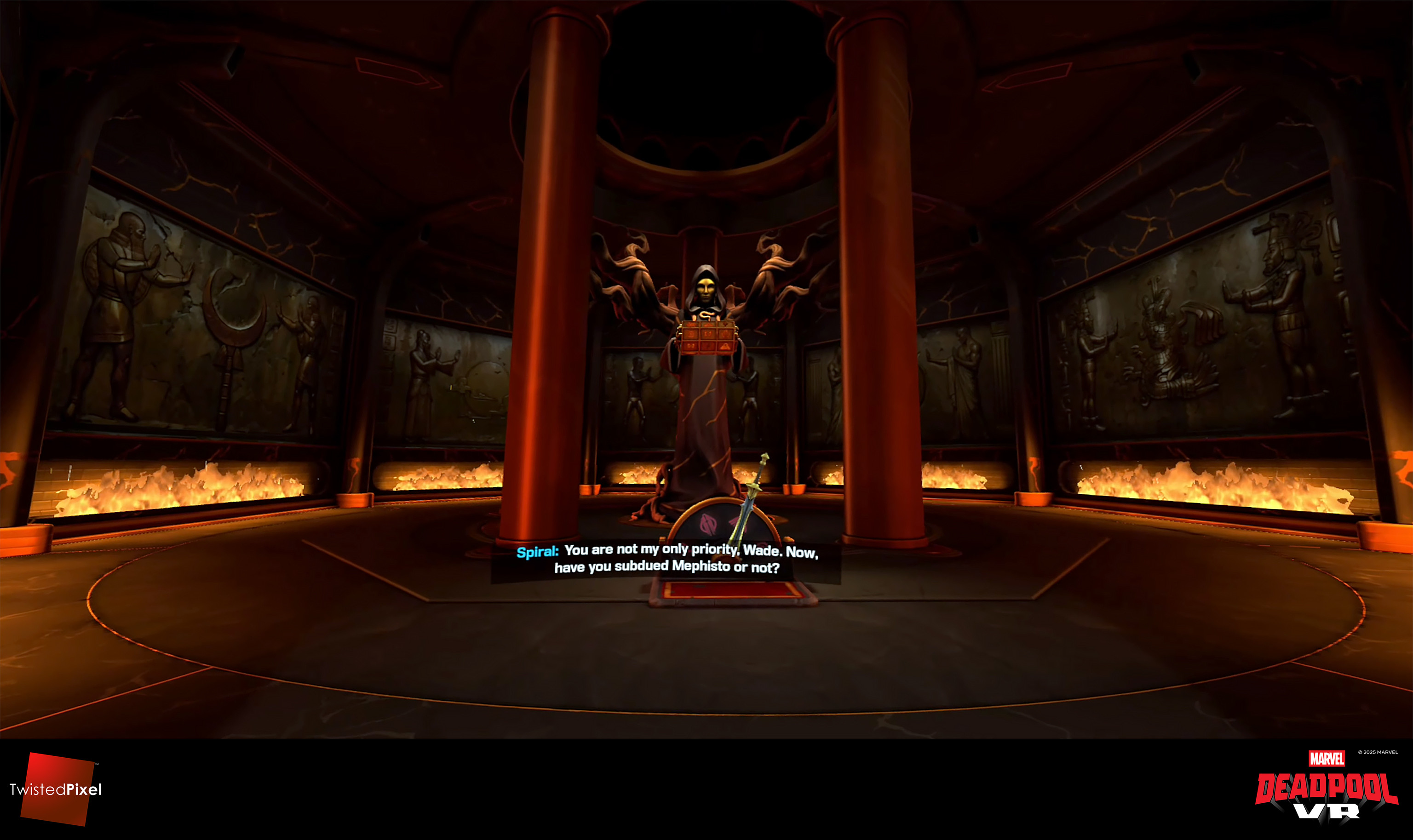 The bas reliefs displayed on eight-sided cylinders in the completed elevator room. When you pull the lever, the cylinders rotate like a slot machine