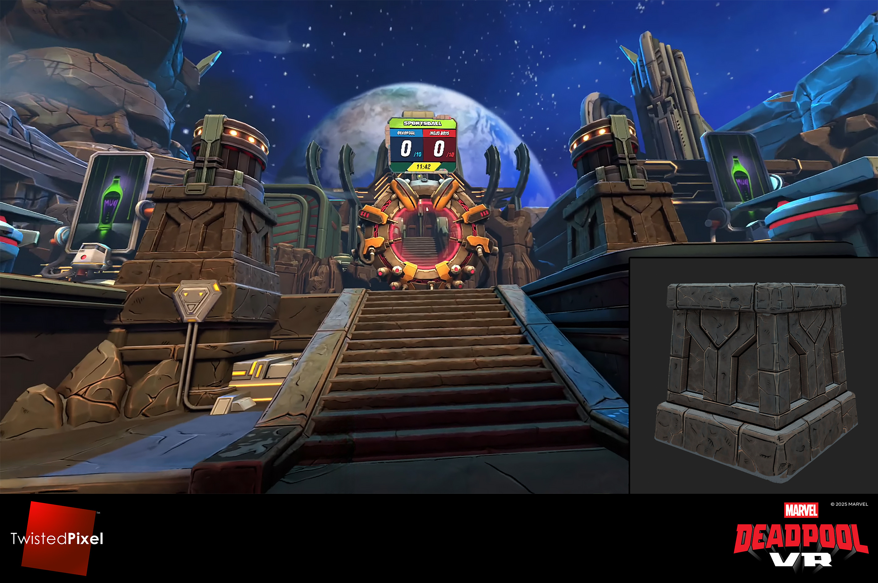 The metallic, teal, Kree buildings are incorporated into carved rock. Then, Mojo tech was slapped on top of what the Kree did