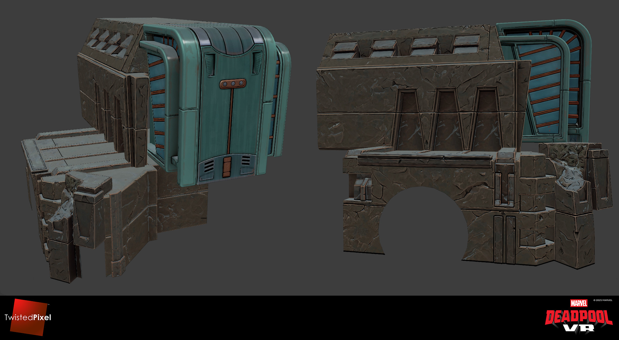 Two angles of one of the buildings I made, isolated in the Blender viewport. There's no actual lighting on this. The illusion of highlights were painted into the textures.

