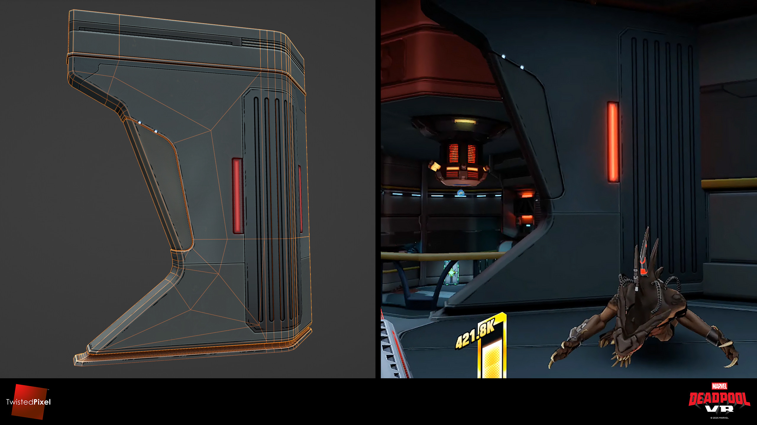 This wall is pretty strangely shaped, but that's because the Design department wanted a wall that would provide partial cover without fully blocking line-of-sight to the grapple point. Deadpool VR has no crouch feature, so it couldn't be a half-wall