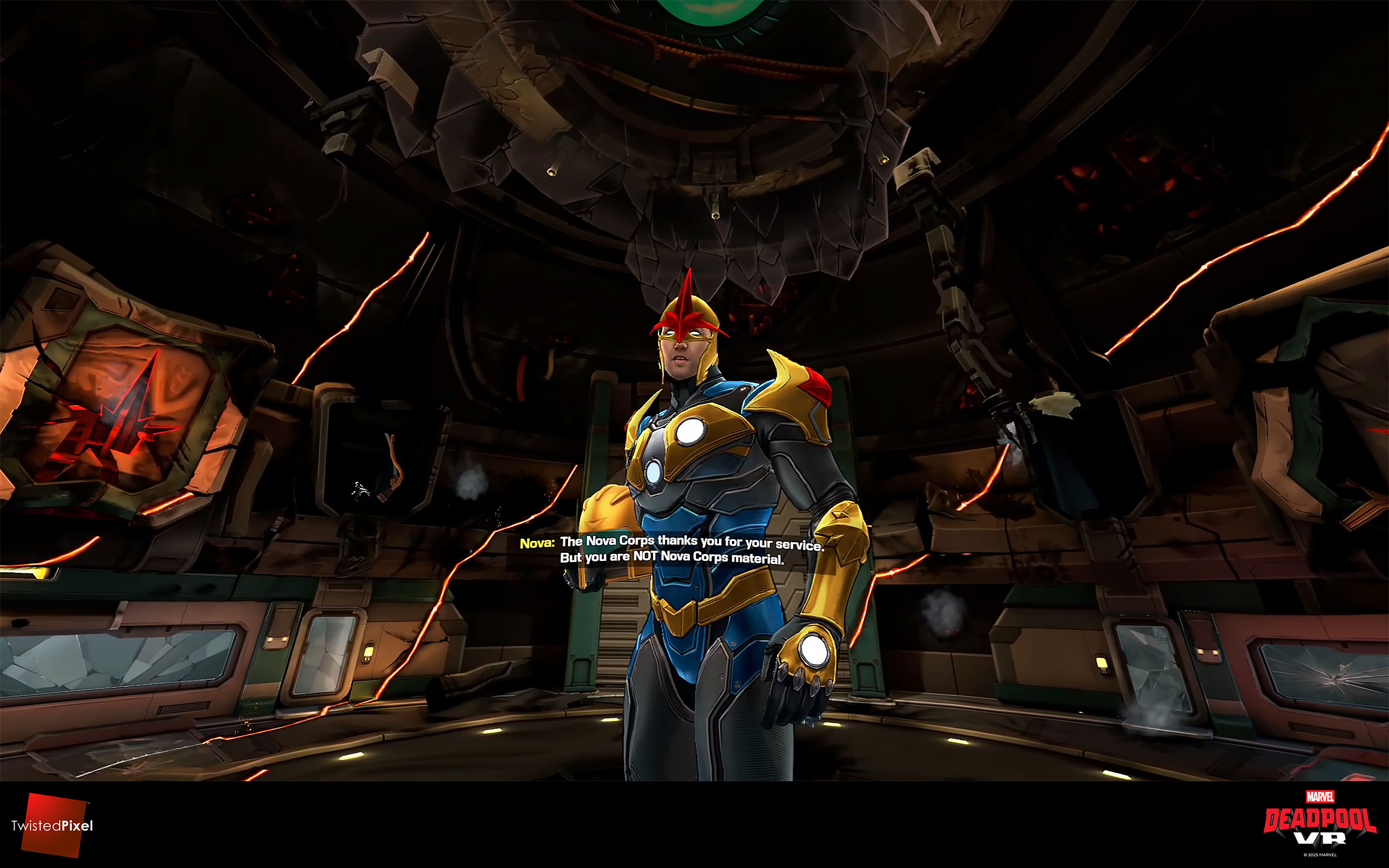 I worked with Becky Lin on the destroyed version of this boss-fight room. Brian Hall created the glowing laser cuts that run across the walls. The undamaged room was created by Bryan Lian. 