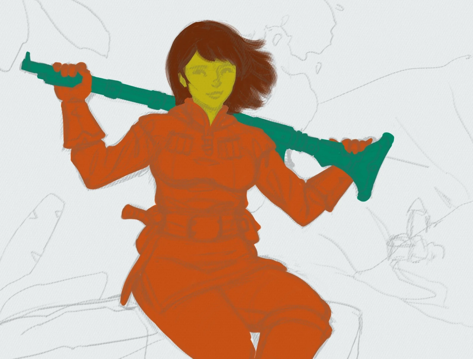 My initial sketch and basic flats. The hands and face changed quite a bit over the course of the painting.