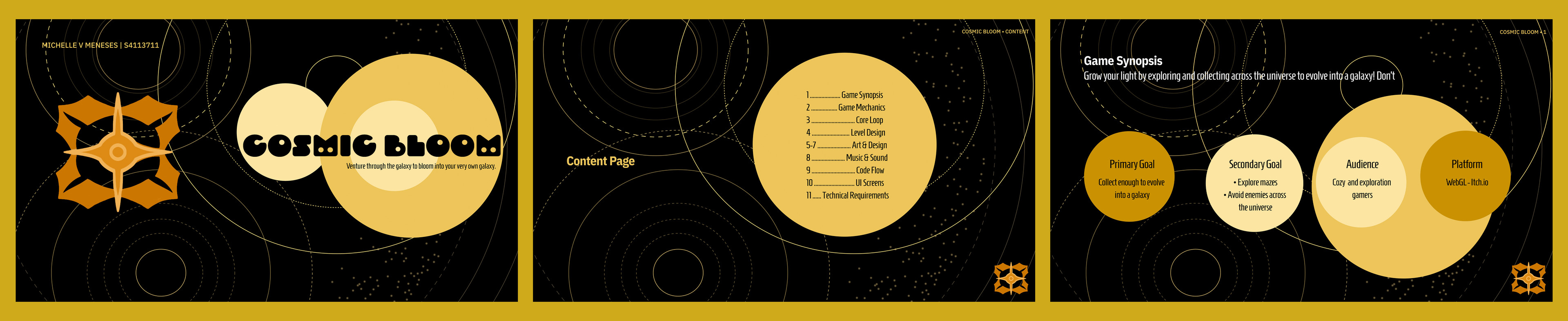 After uploading the game profile to Itch.io, I finished updating my GDD for Cosmic Bloom.