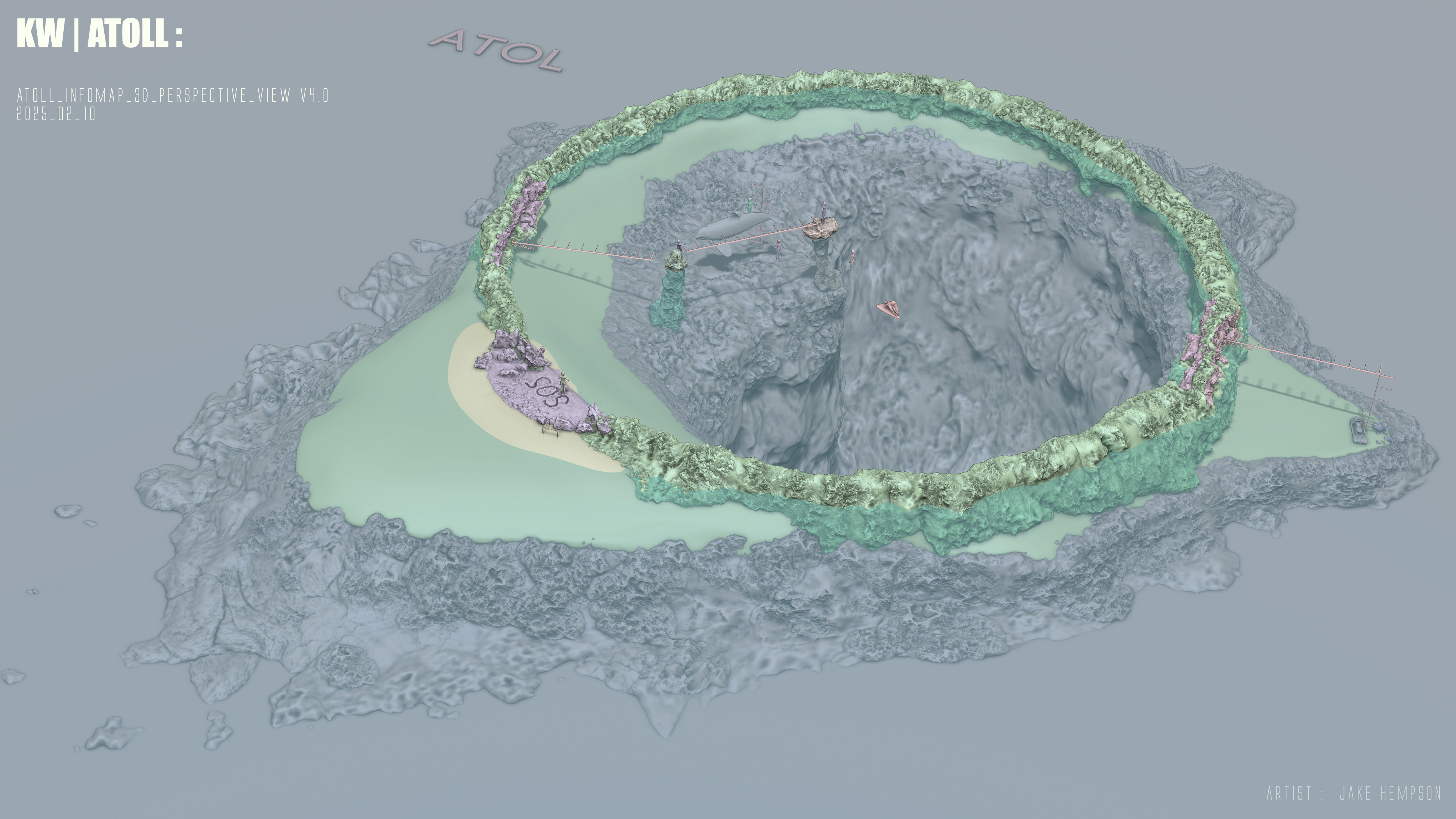 Earlier layout, atoll was sculpted in ZBrush and some on-set scan elements incorporated into layout.