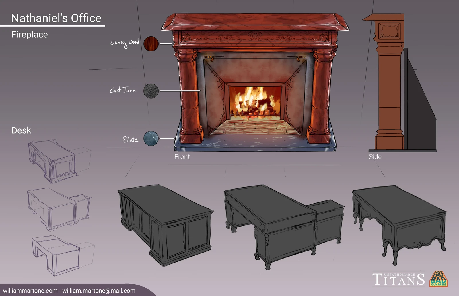 Fireplace and desk prop design sheet