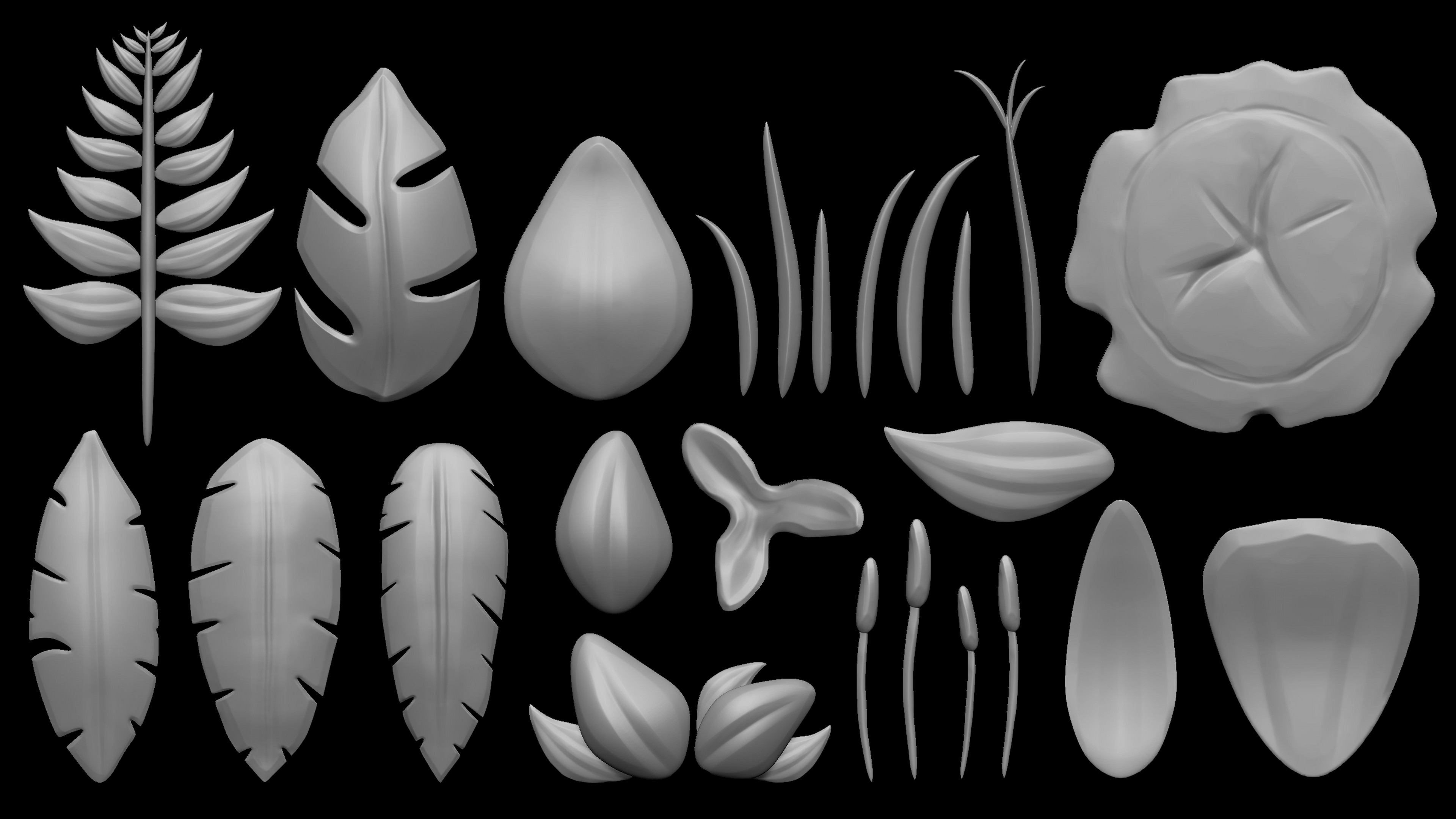 High poly sculpts of foliage card geometry.