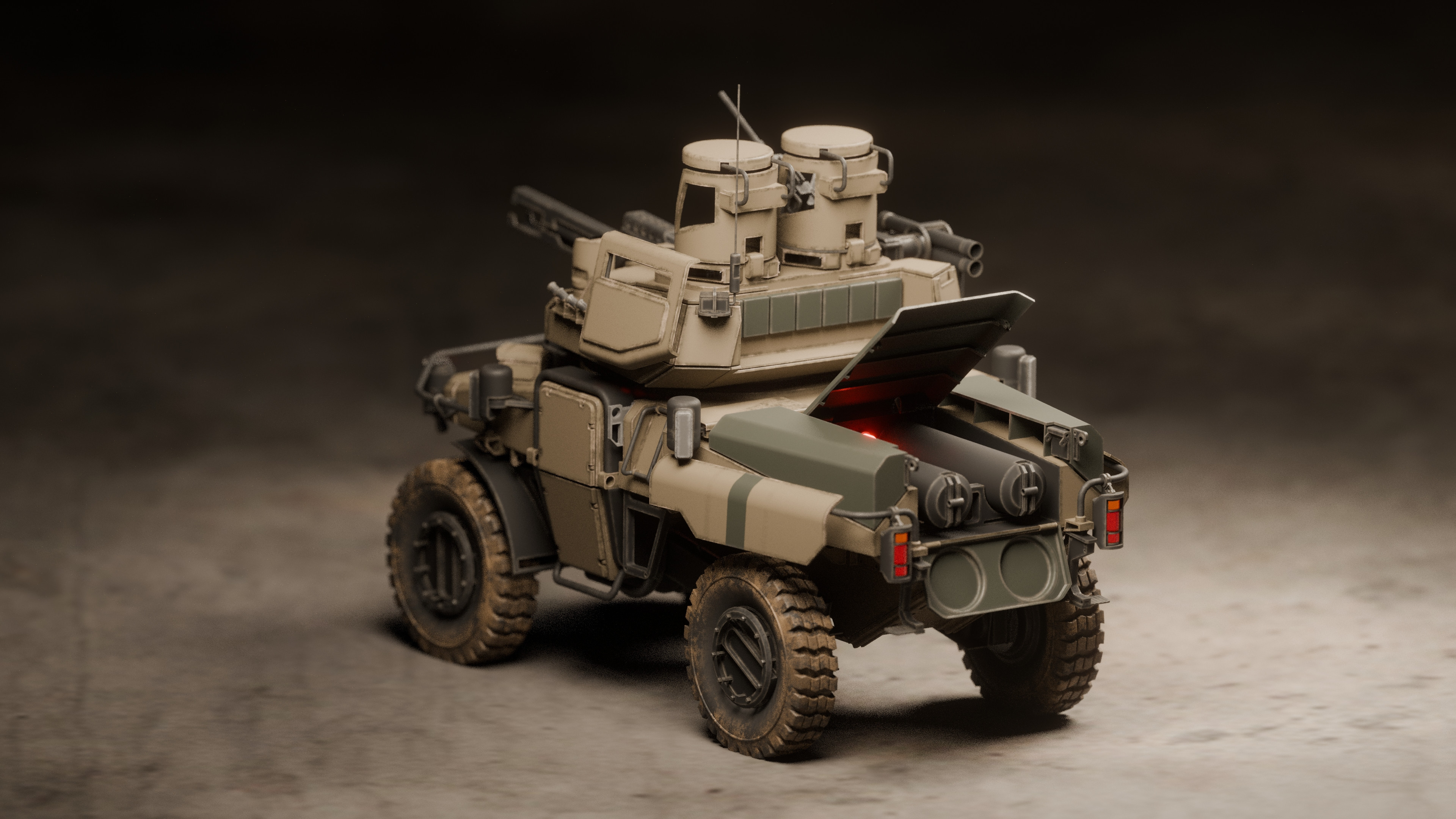 In the back are fuel cells used to provide the energy for both the vehicle and the laser cannon. 