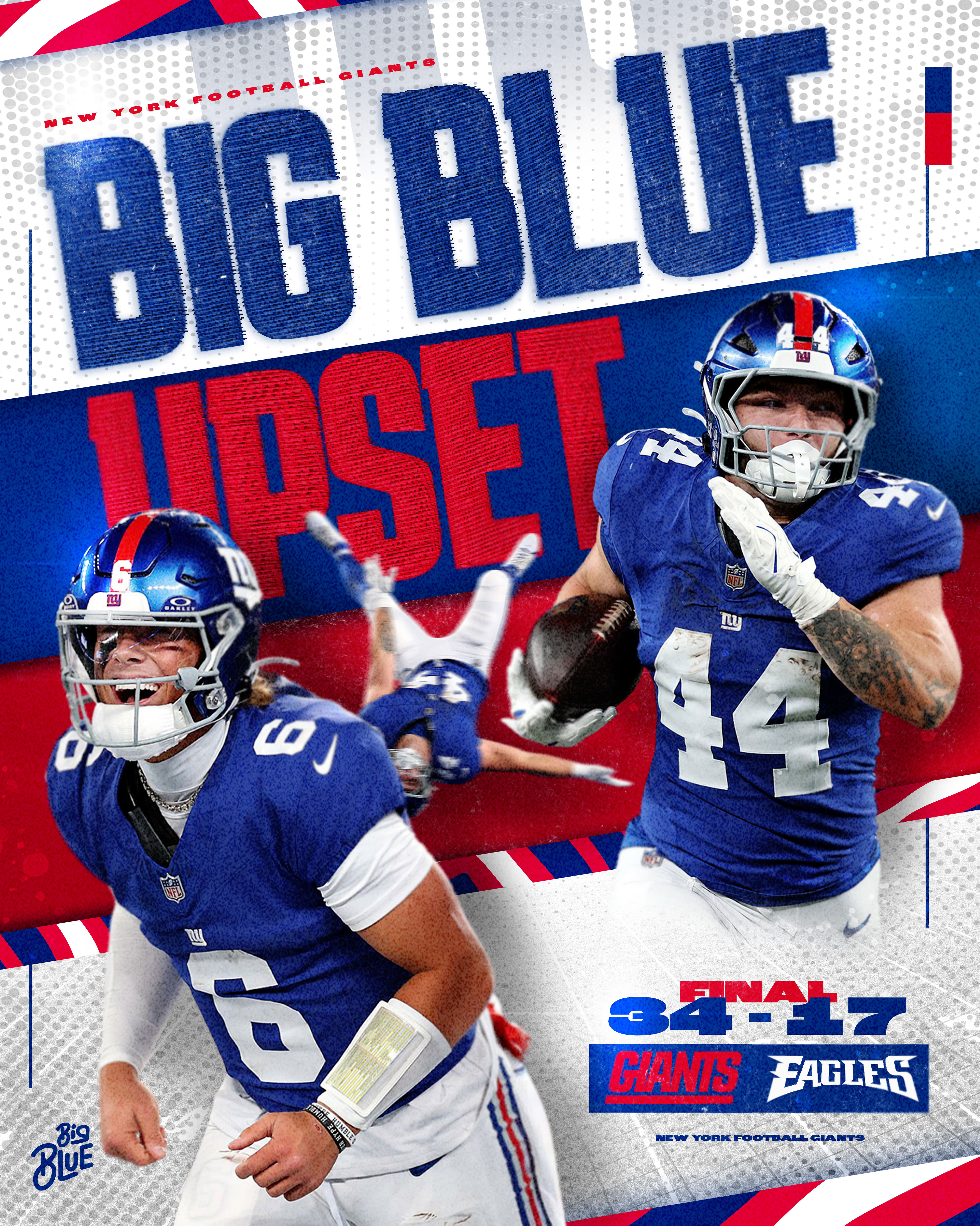 A bold post-game score graphic designed for immediate clarity and celebration. High-contrast color blocking and typographic hierarchy ensure instant readability while still feeling aggressive and brand-driven