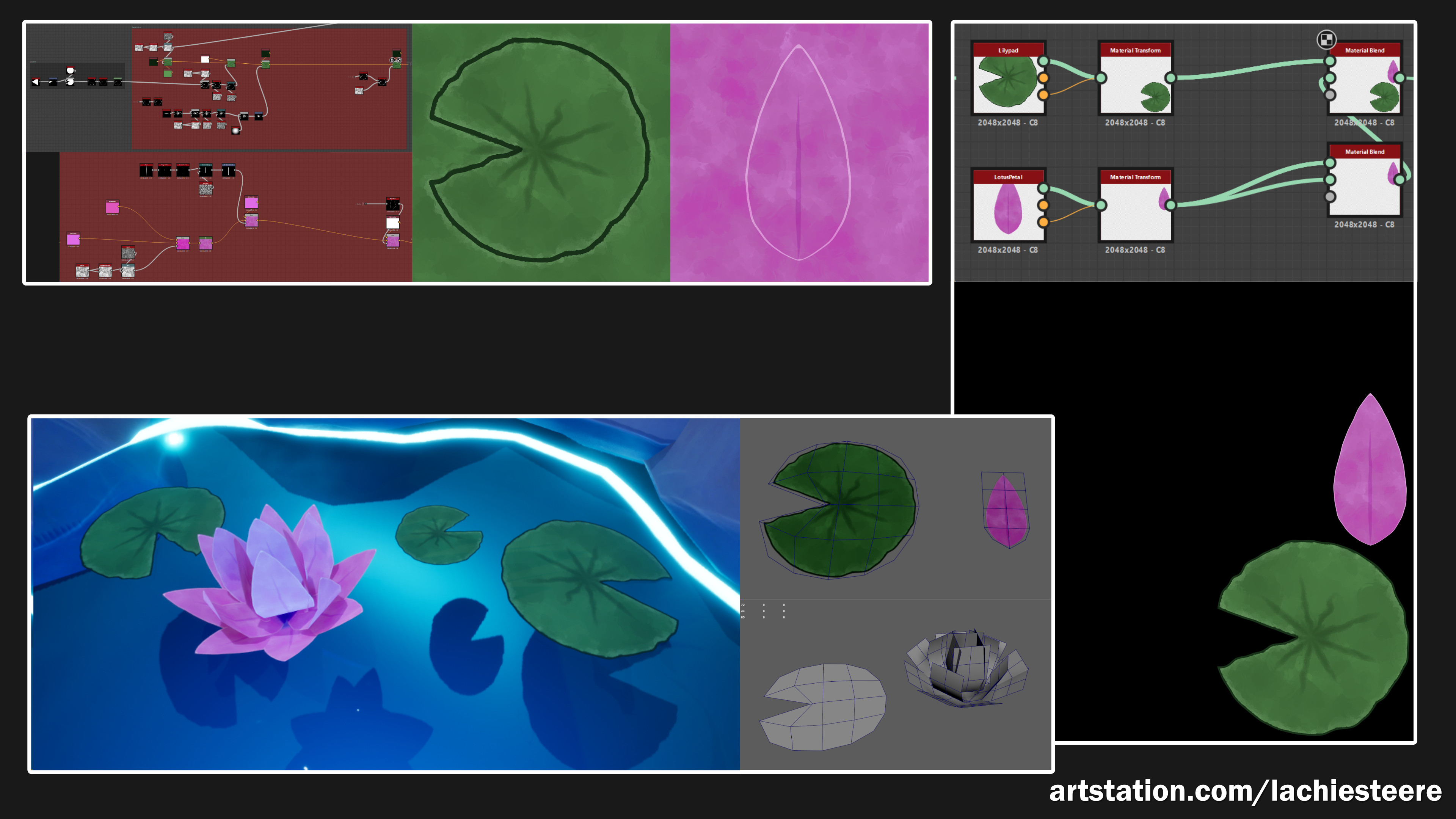 The textures were created and combined in substance designer. they were then mapped onto some simple cards in maya, adding some extra topology for in engine deformation