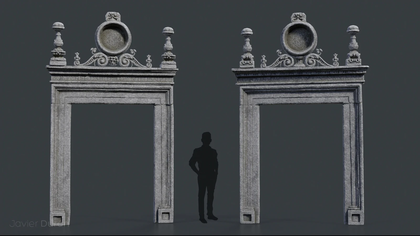 Two door frames, sharing almost everything (geometry and texture) except the text inscribed at the top and the ornaments above.