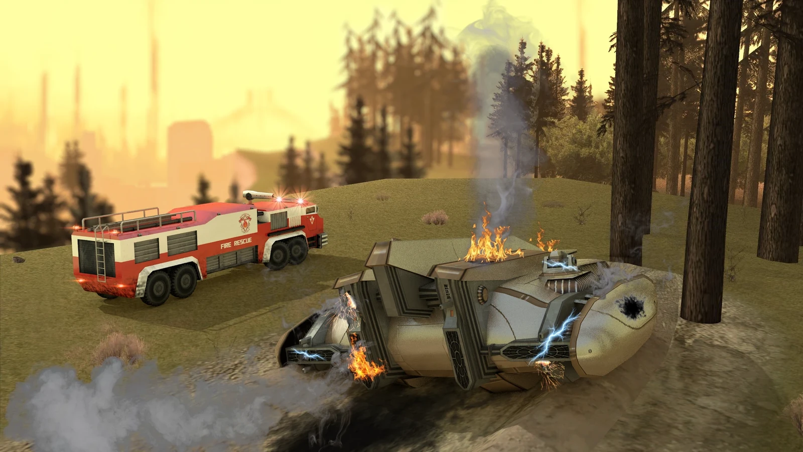 Shinano-class transport crash landed on a planetary surface. Fire truck has just arrive to put off the fire blazing on the ship's hull