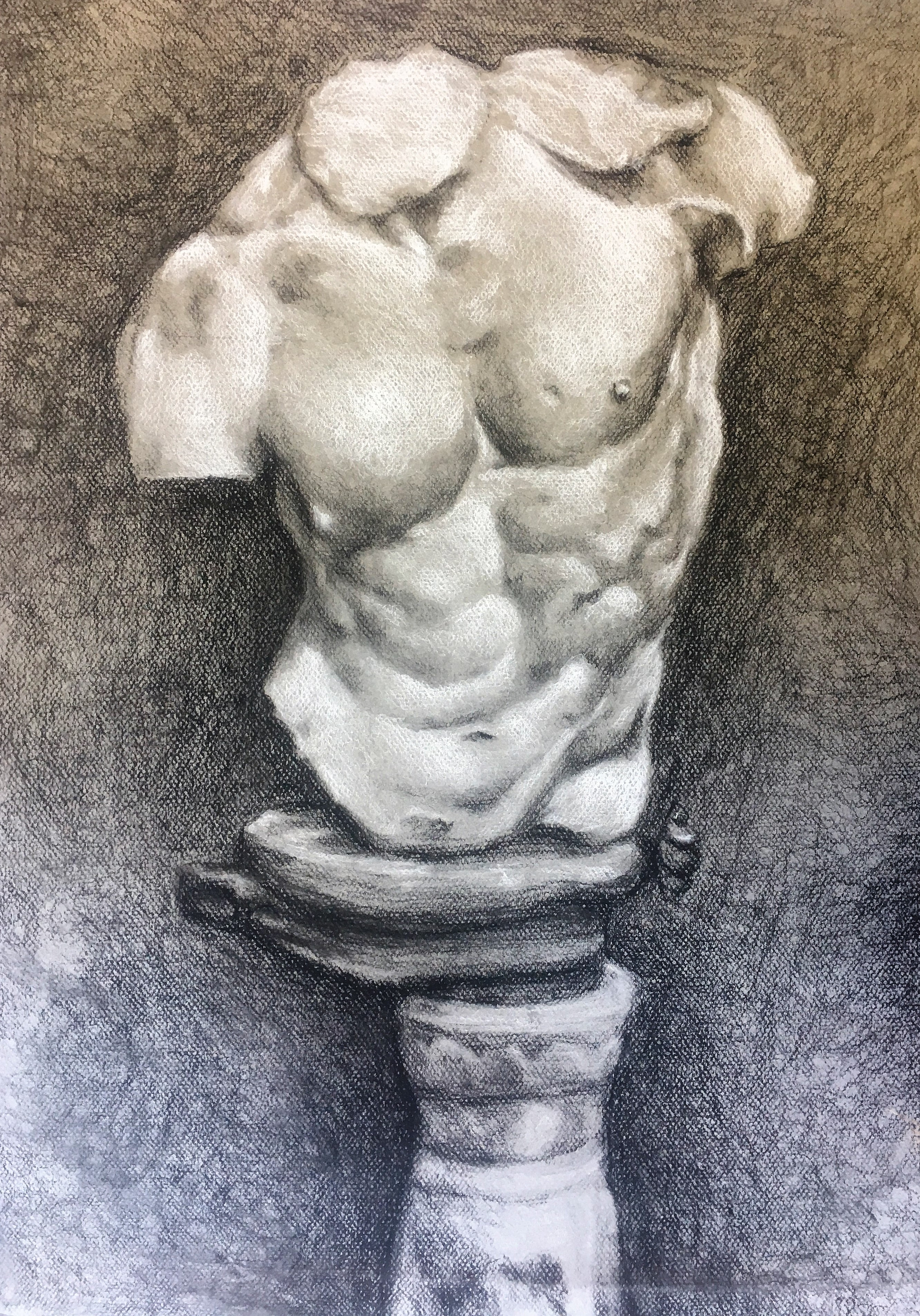 Charcoal drawing of a male torso sculpture.