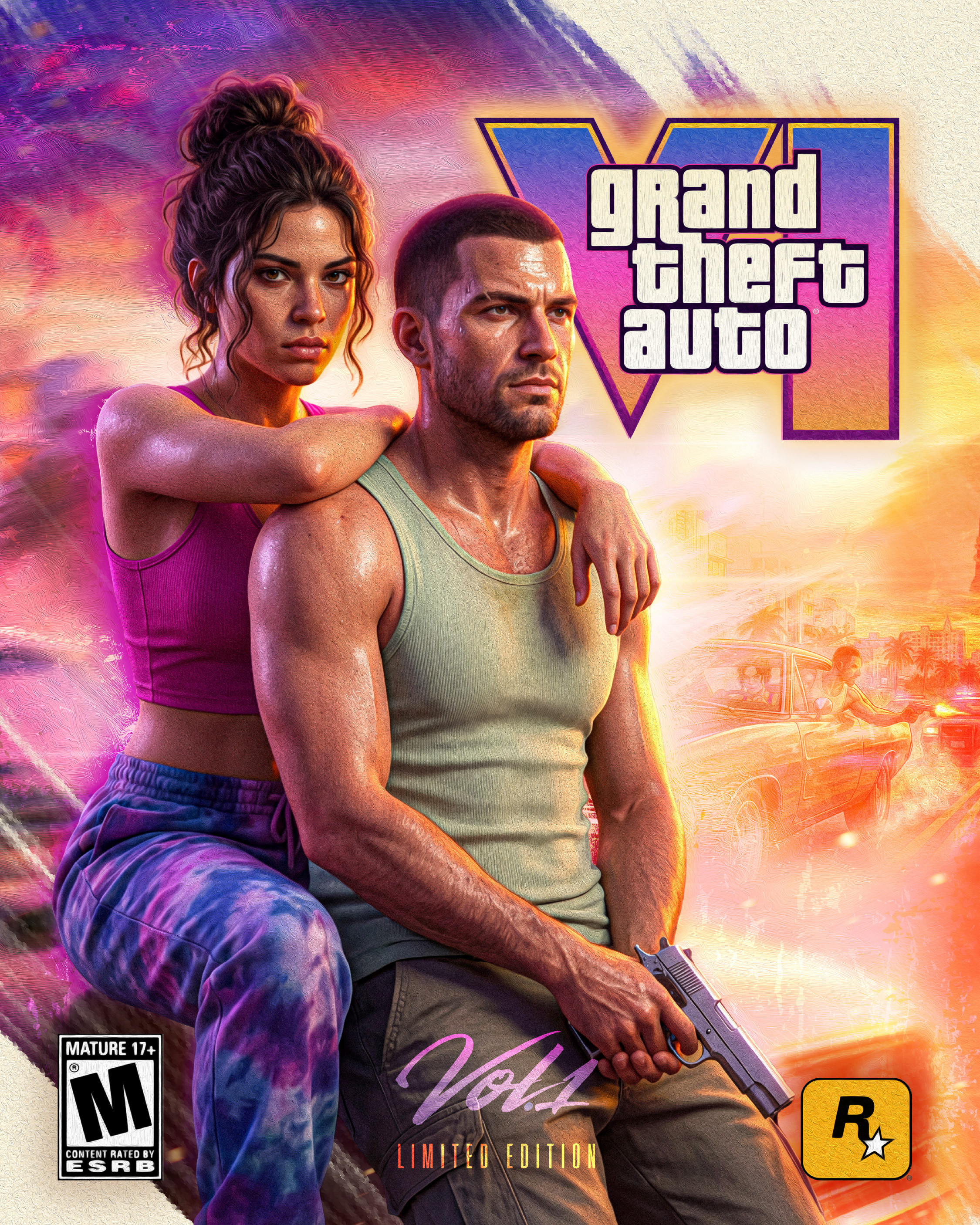 Limited Edition GTA VI cover art concept, designed as the centerpiece of a premium release. Focused on character presence, cinematic lighting, and bold franchise recognition