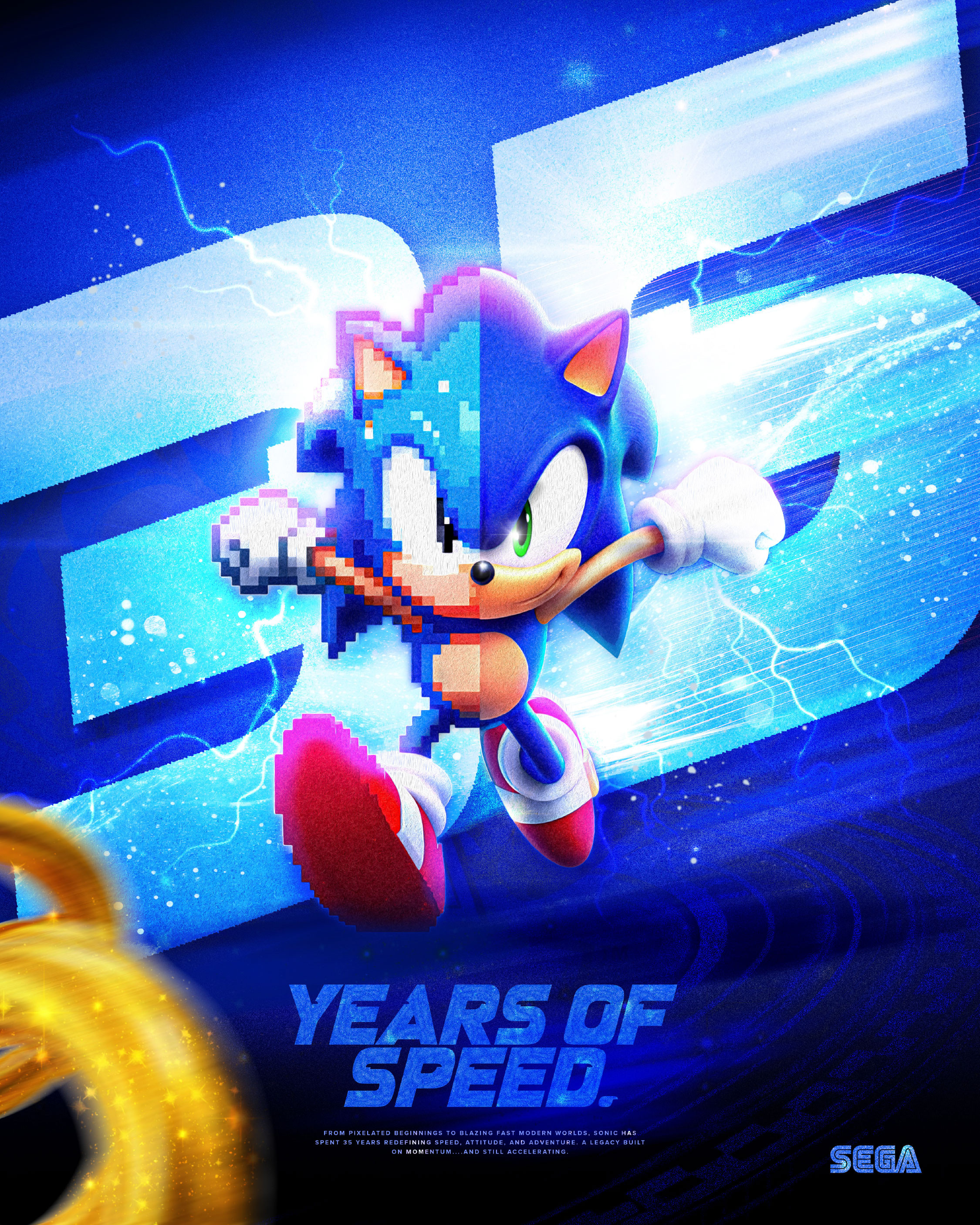 Primary anniversary key art introducing the 35 Years of Speed concept, blending classic pixel Sonic with his modern form to represent legacy and evolution