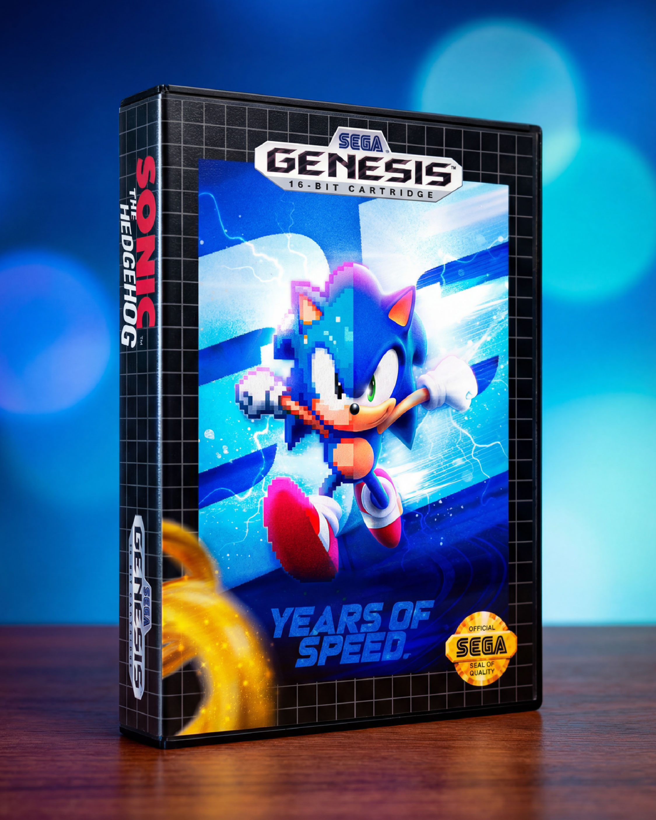 Classic SEGA Genesis–style packaging celebrating Sonic’s origins while reinforcing the anniversary theme