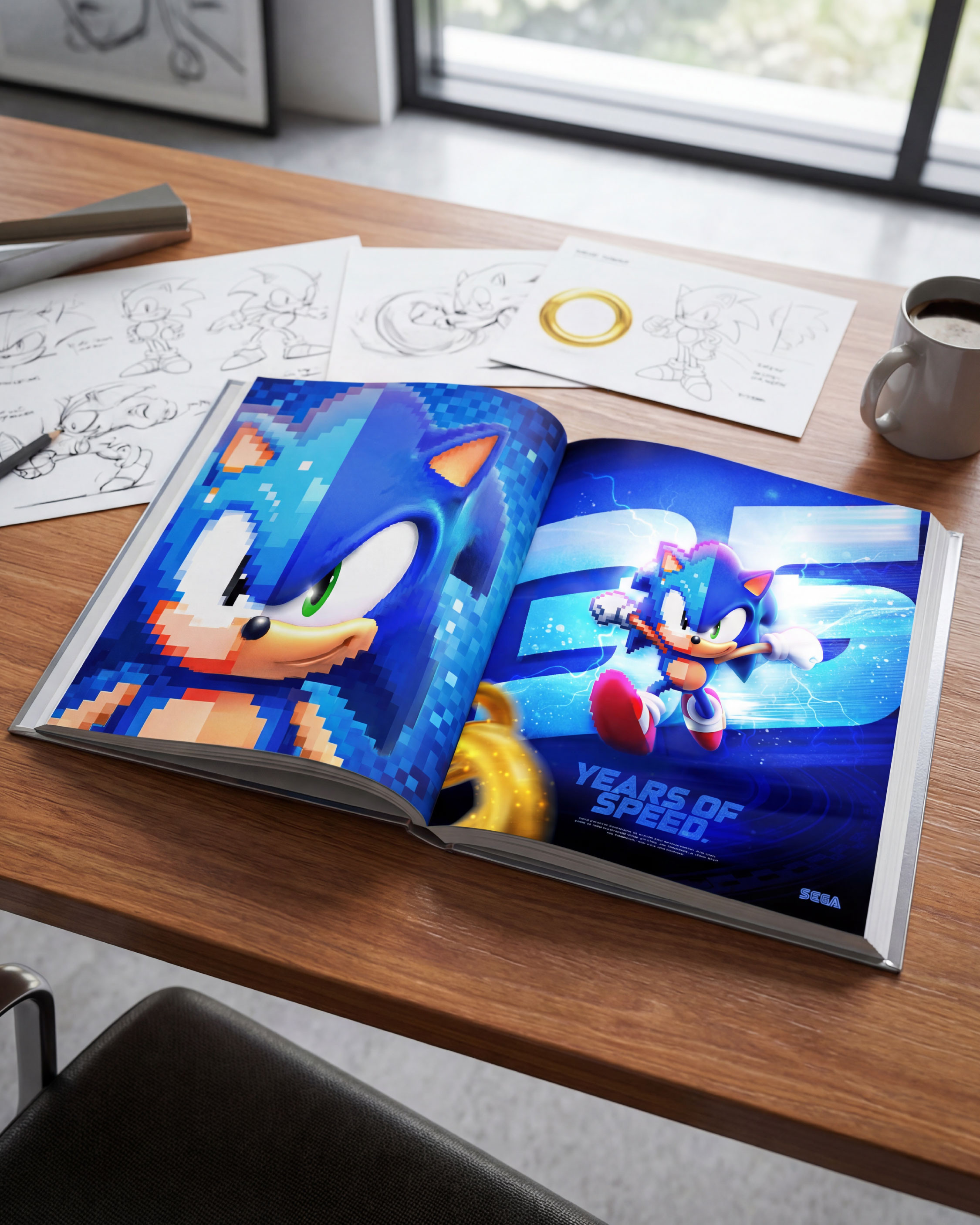 Behind-the-scenes look at early sketches and layout exploration connecting pixel heritage with modern motion and lighting