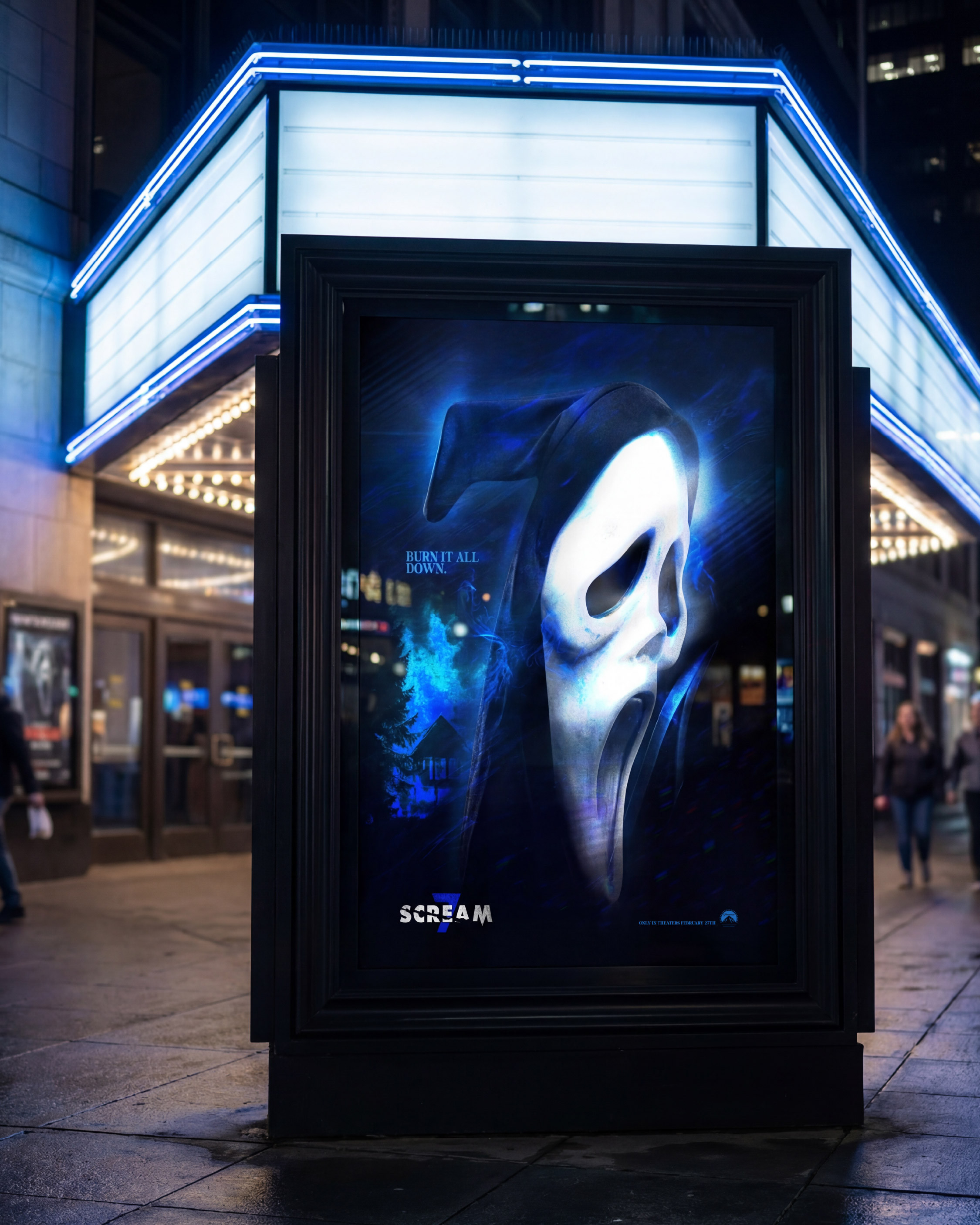 A classic cinema exterior treatment. The contrast between nostalgic theater lighting and the modern, stripped-back poster reinforces the franchise’s longevity