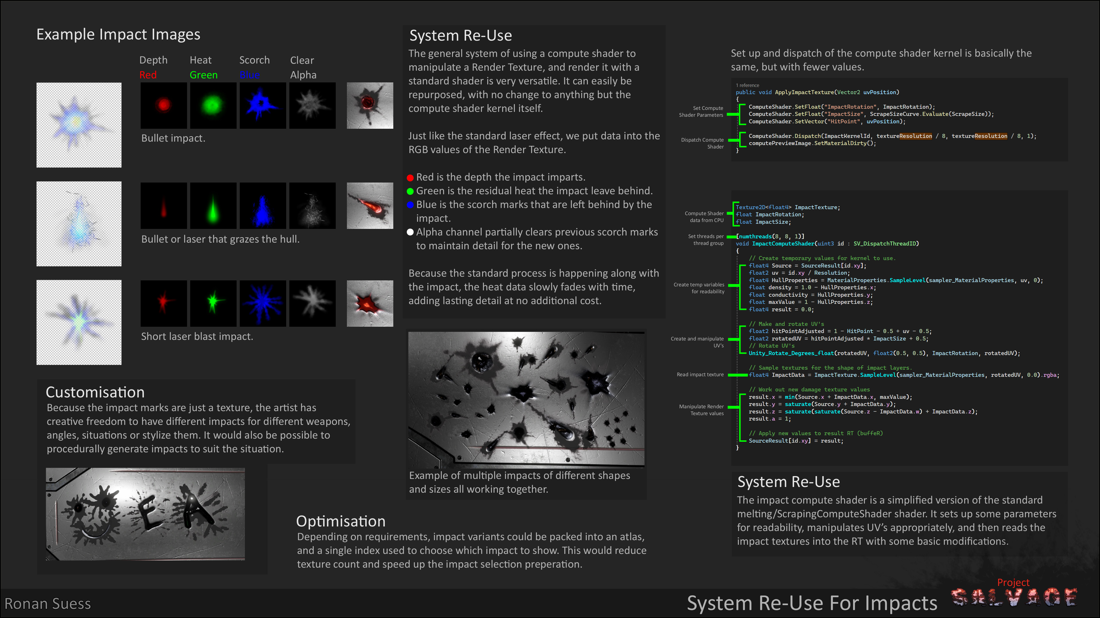 Explanation and examples of the impact textures that a different Compute Shader uses to drive the Render Texture in the same way the normal salvage effect works. An example of how versatile the system is.