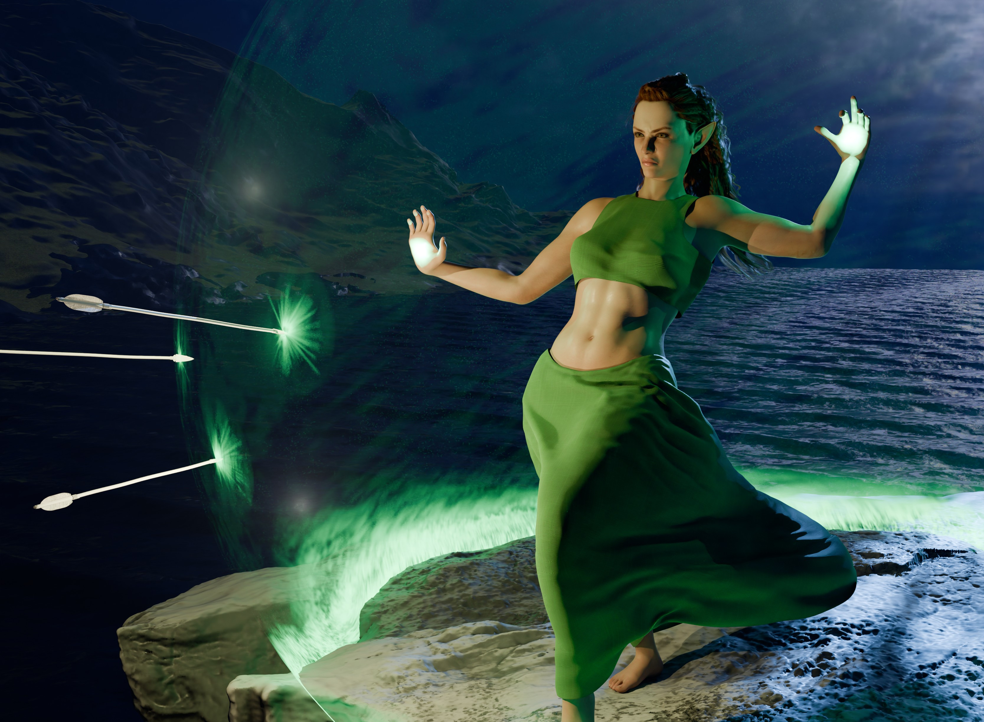 3D reference I made in Blender. Character from DAZ3D. Sculpted the cliff and made and simmed the clothes with a little bit of extra wrinkles sculpted on. With this many light sources the 3D reference was really helpful.