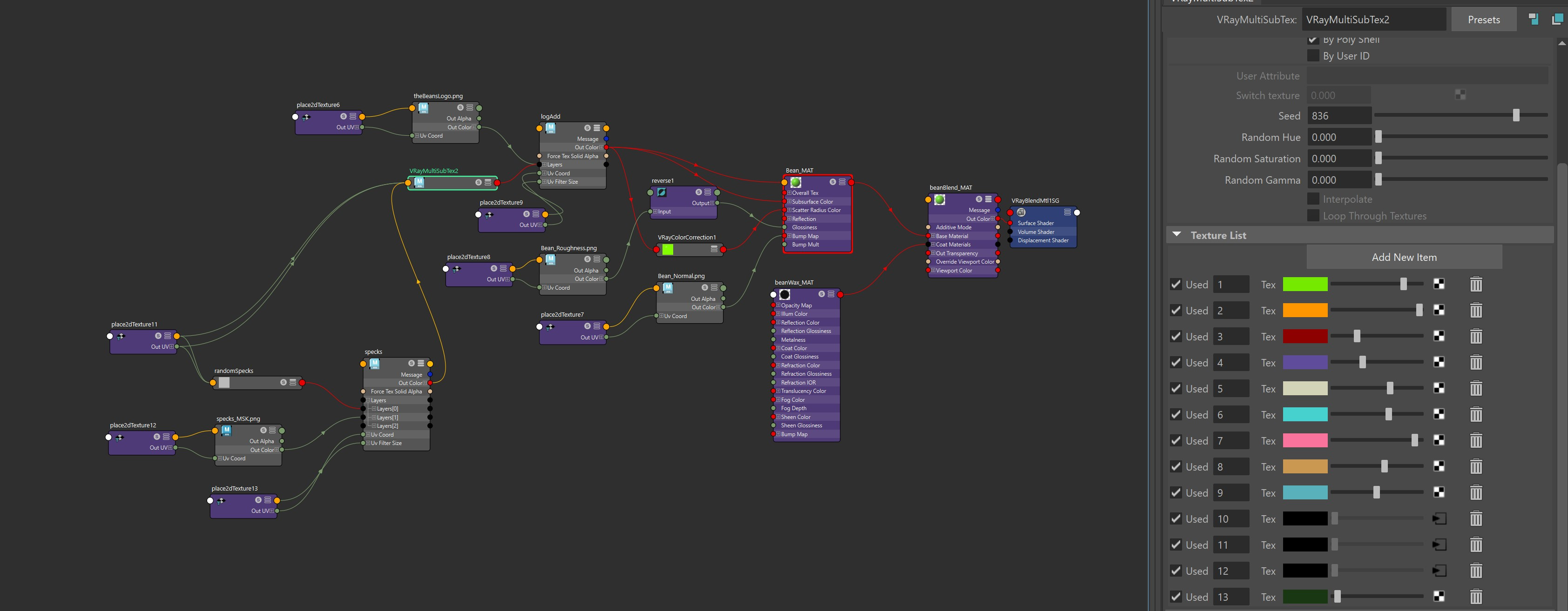 Material Setup for the Beans. This allowed me to adjust how many "flavours" I included. I added speckles, SSS and other details for each type of bean.