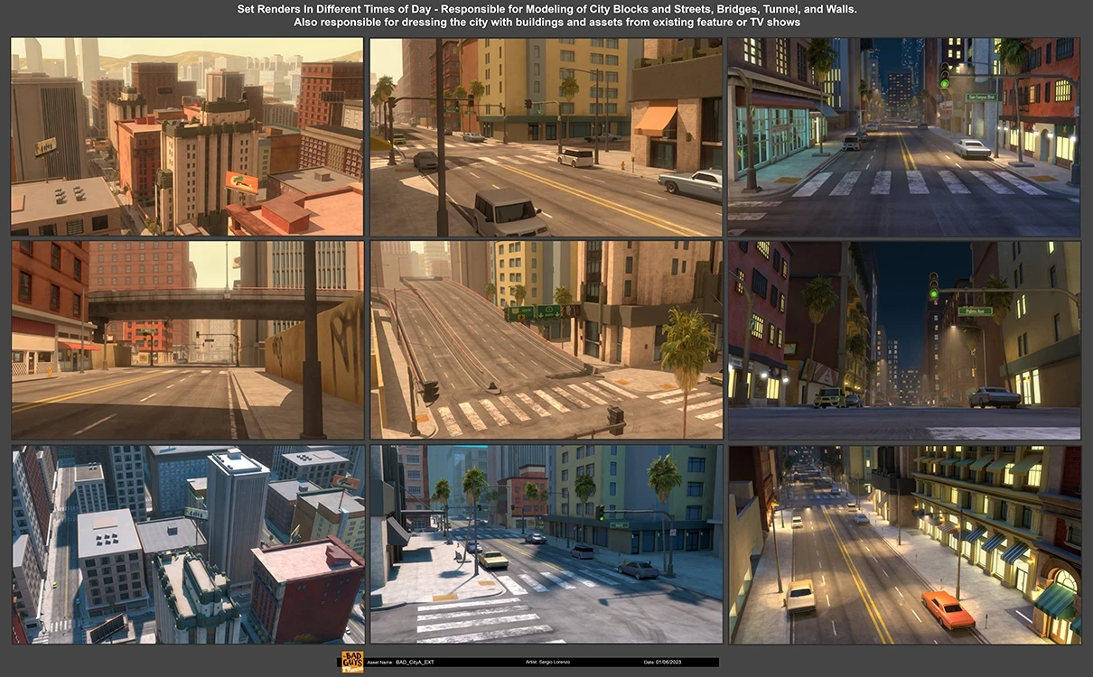 For the downtown city set, I was responsible for the designing the layout, as well as the modeling and color concept work for the structural elements like the sidewalks, streets, and tunnel.  The buildings and set dressing were existing assets.