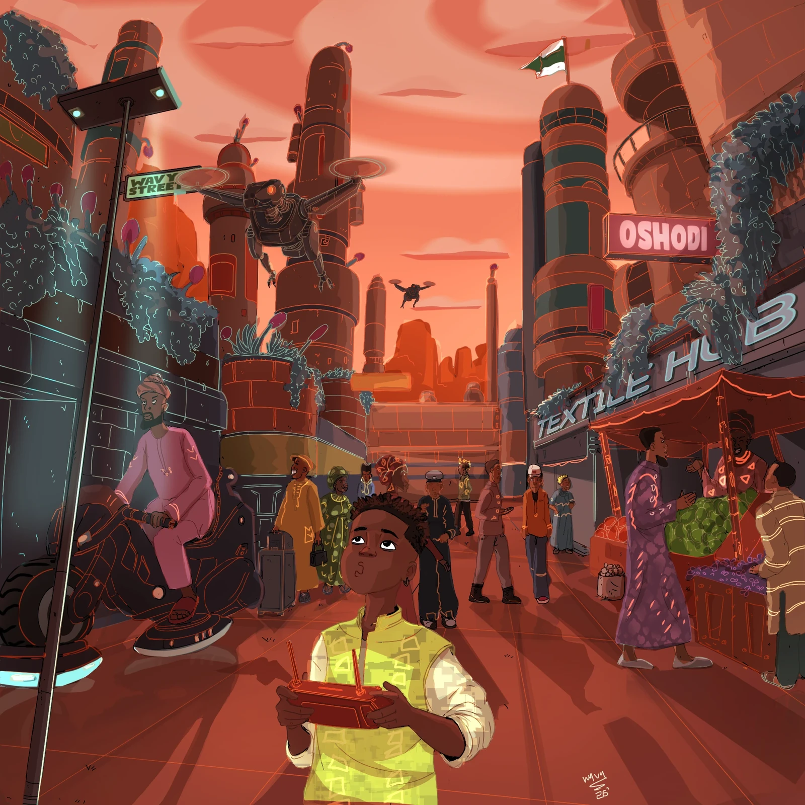 Afrofuturistic cityscape in the year 3100