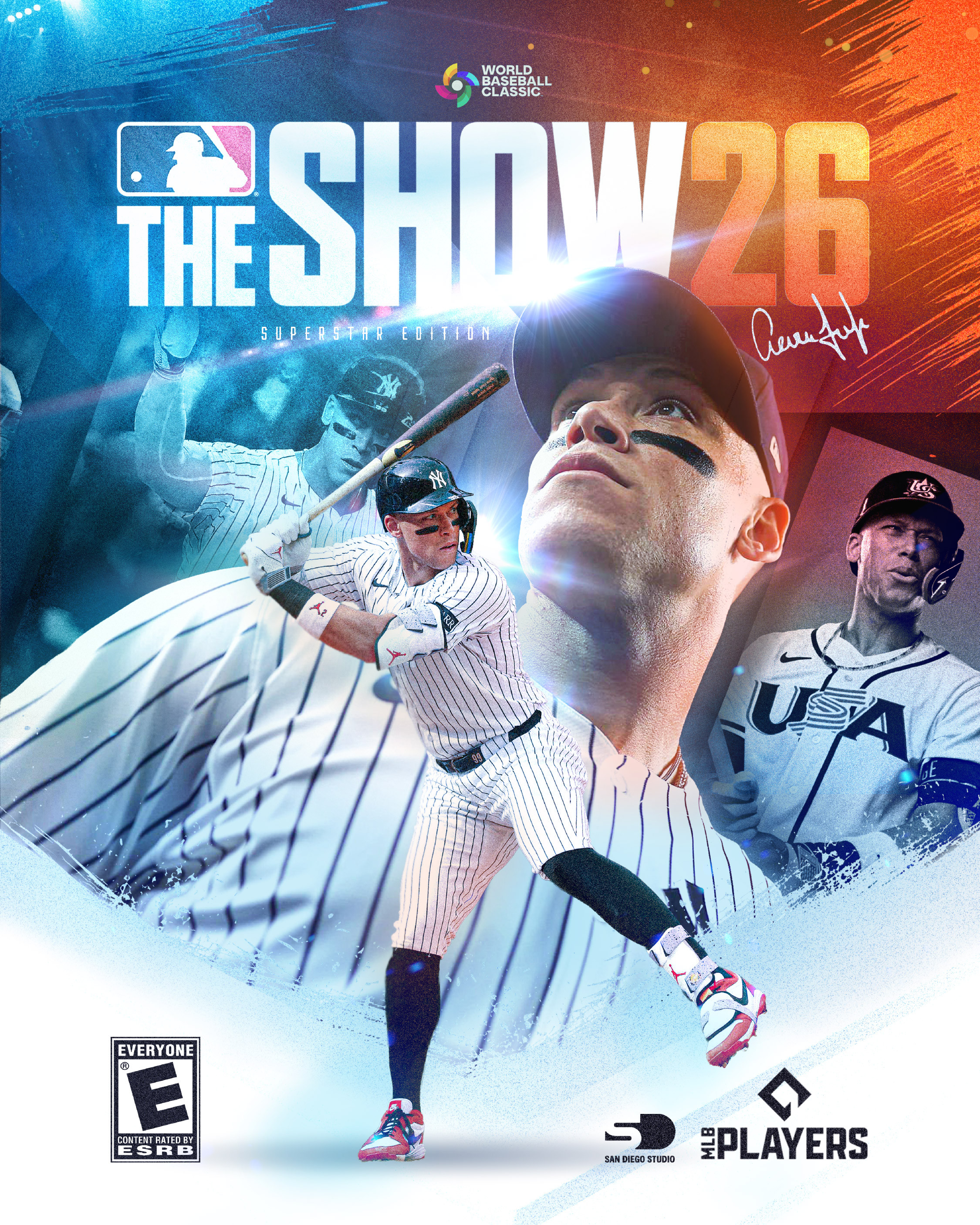 Final MLB The Show 26 Superstar Edition cover concept. Built around a hero portrait + action moment collage, with WBC accents and a premium, high-energy grade