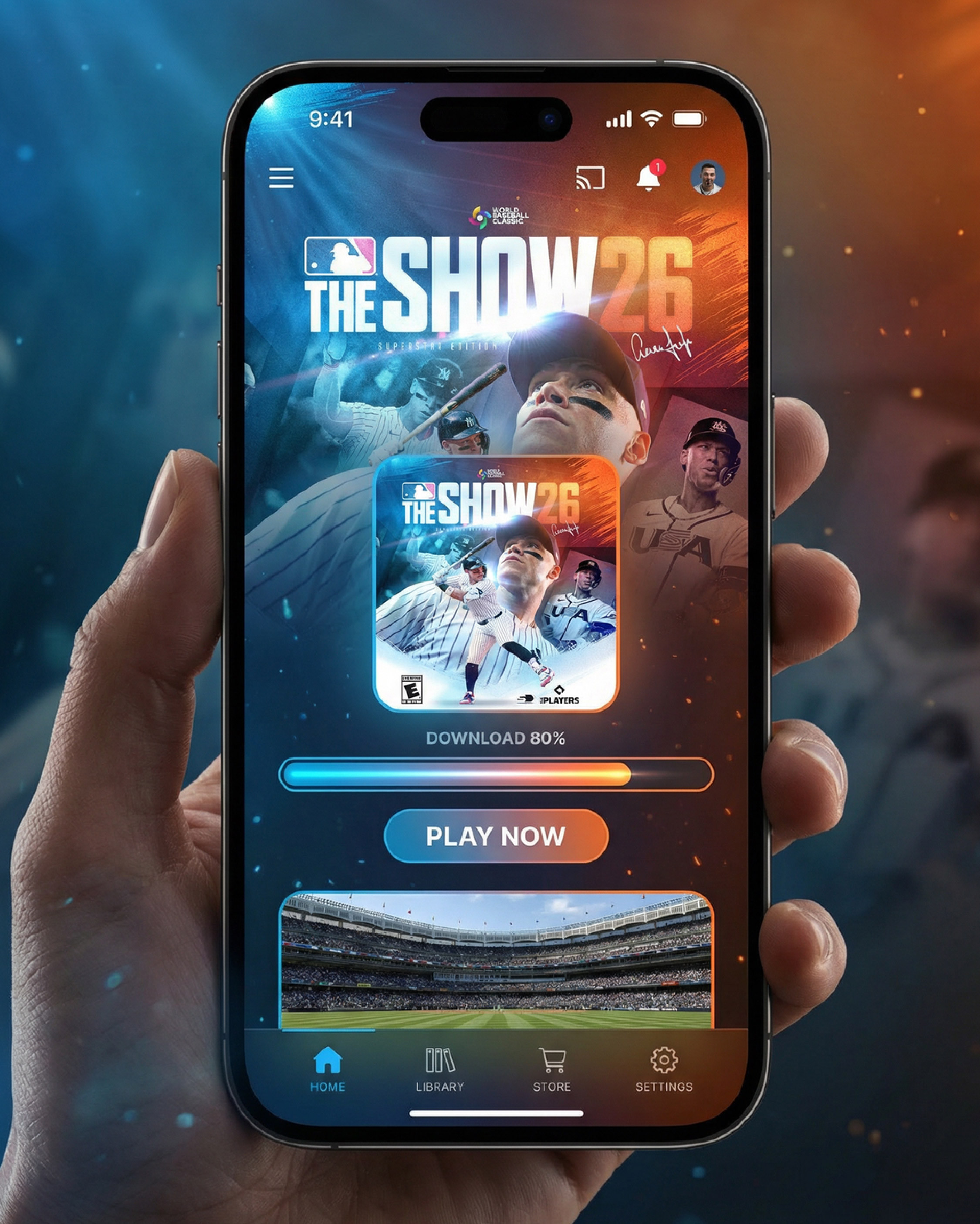 Mobile placement: app-style download screen and ‘Play Now’ CTA layout. Testing readability at phone