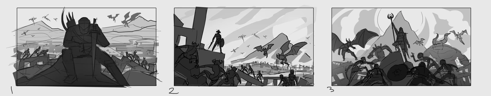 Initial set of concepts presented to the client. We liked the idea of an exhausated warrior from comp 1, but wanted to push the action and tension more.